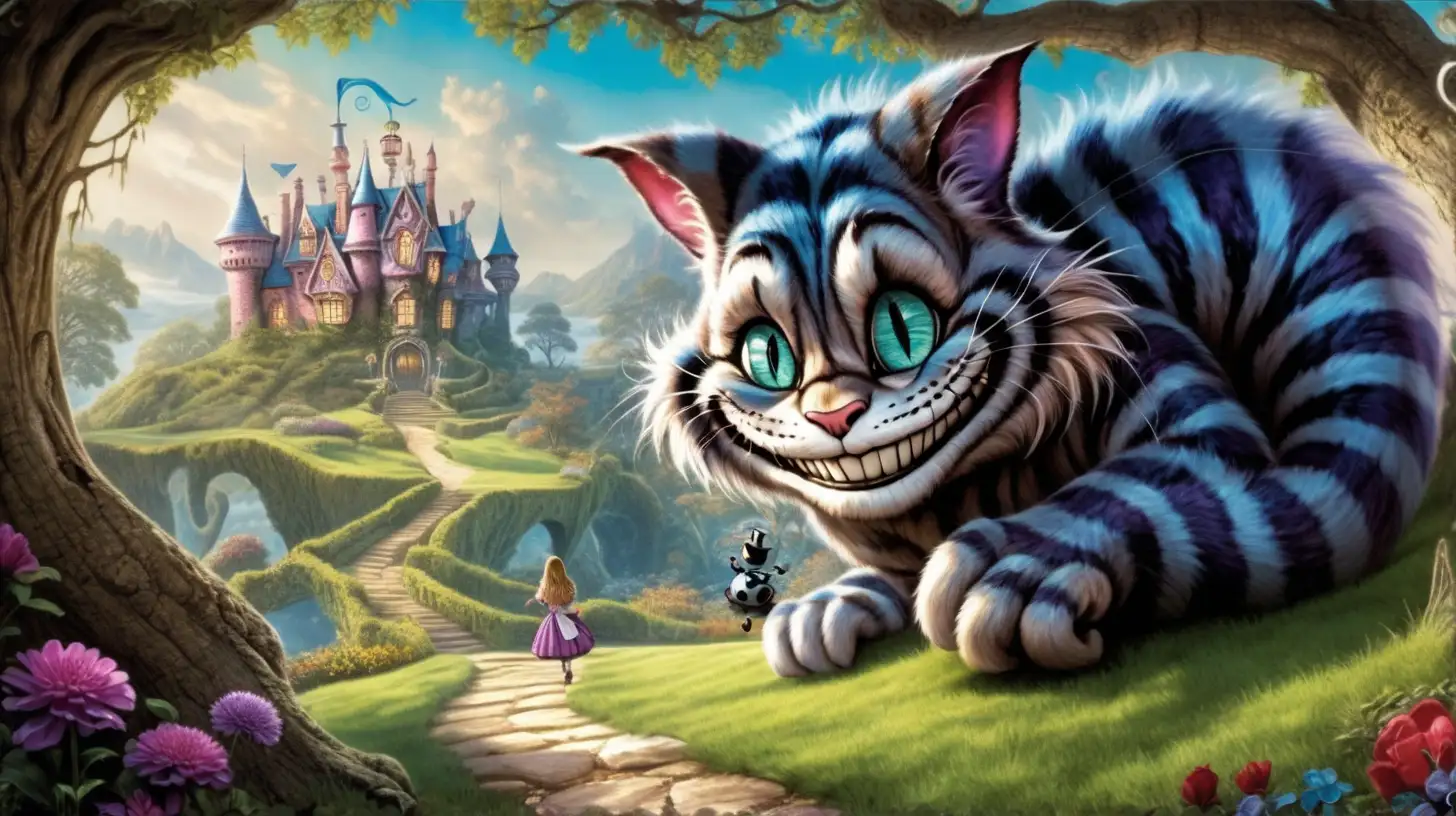 alice's adventures in wonderland
Meeting the Cheshire Cat:

Scene: Alice encounters the Cheshire Cat, who grins widely and disappears and reappears at will. Show their interaction with the cat's mysterious and mischievous behavior.
