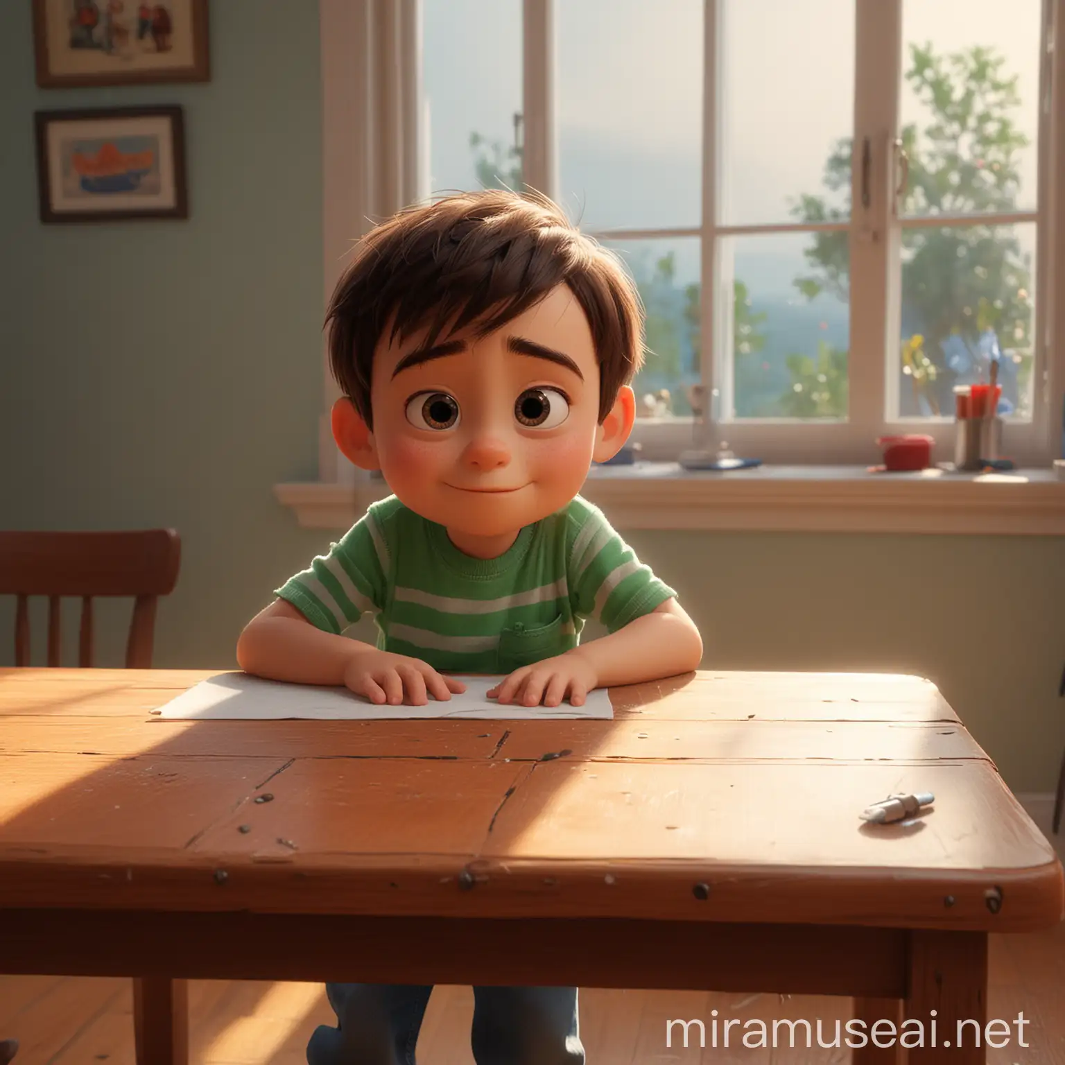 Adorable Boy Cleaning Table Pixar Style
