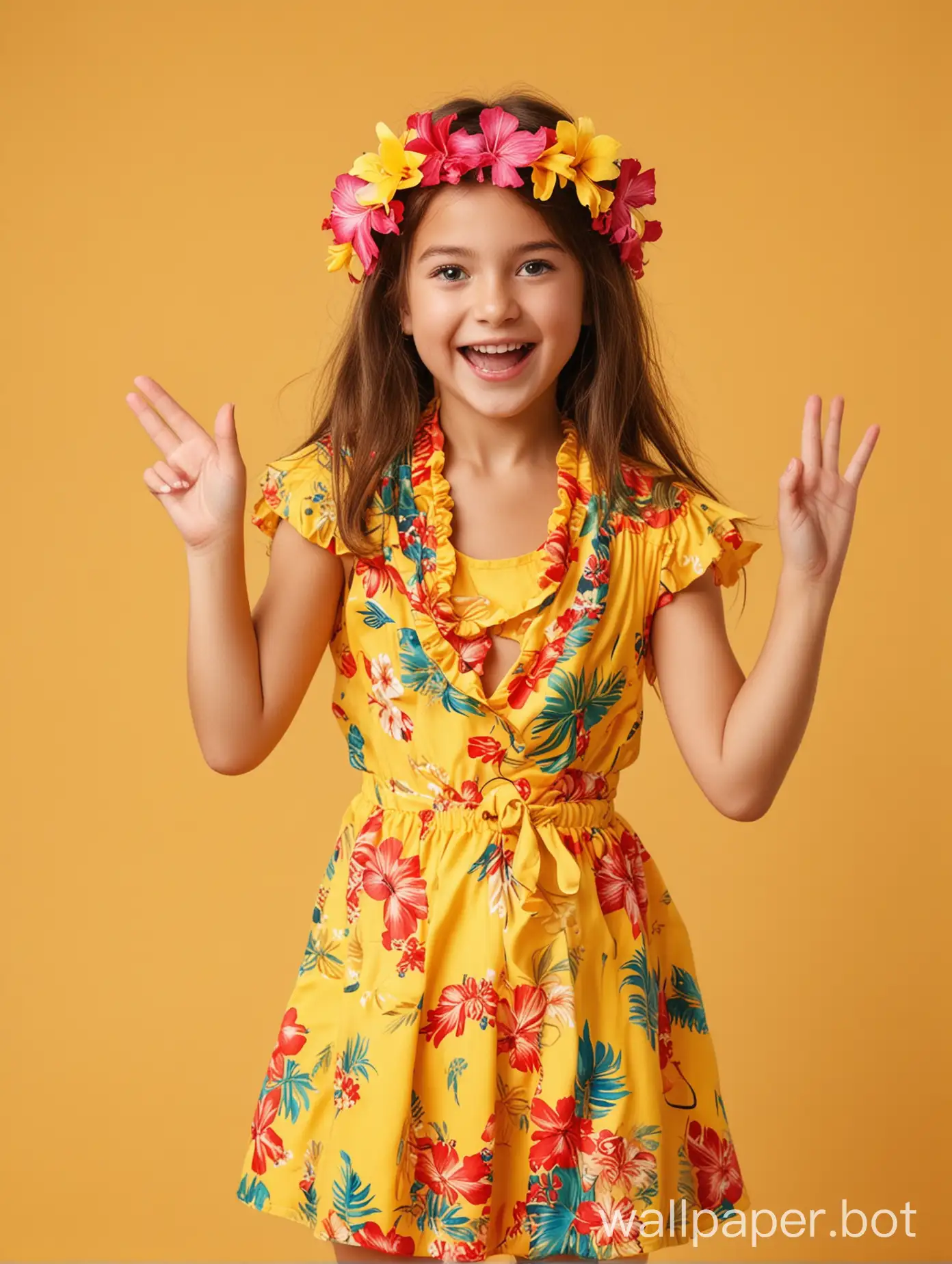 girl in hawaiian costume having fun on bright yellow background
