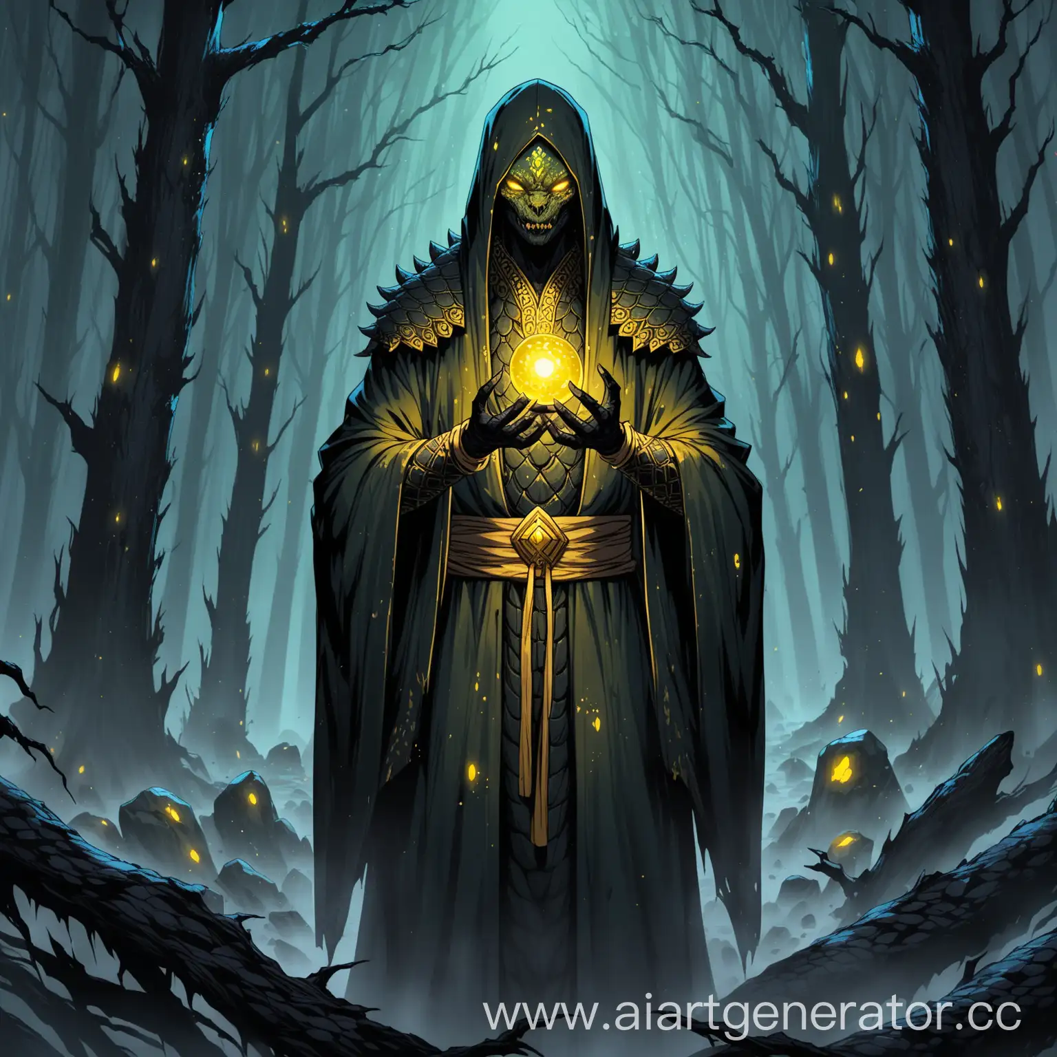 Sinister-Yuanti-Sorcerer-in-Dark-Robes-Amidst-Dead-Forest