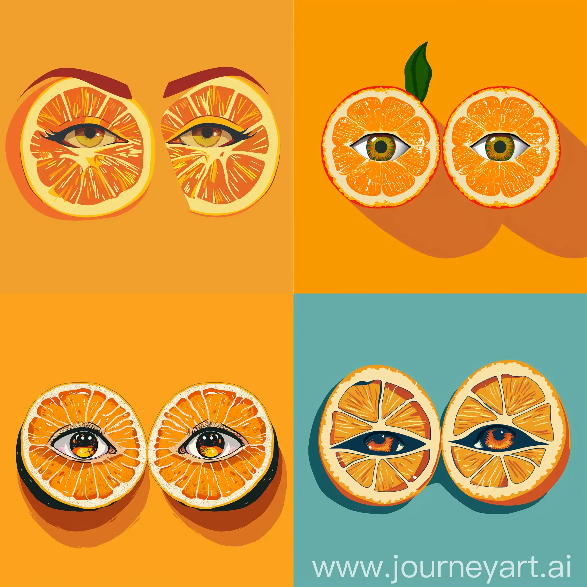 eyes made from orange fruit with sly squint, minimalistic, flat, 2D, vector-style, clean