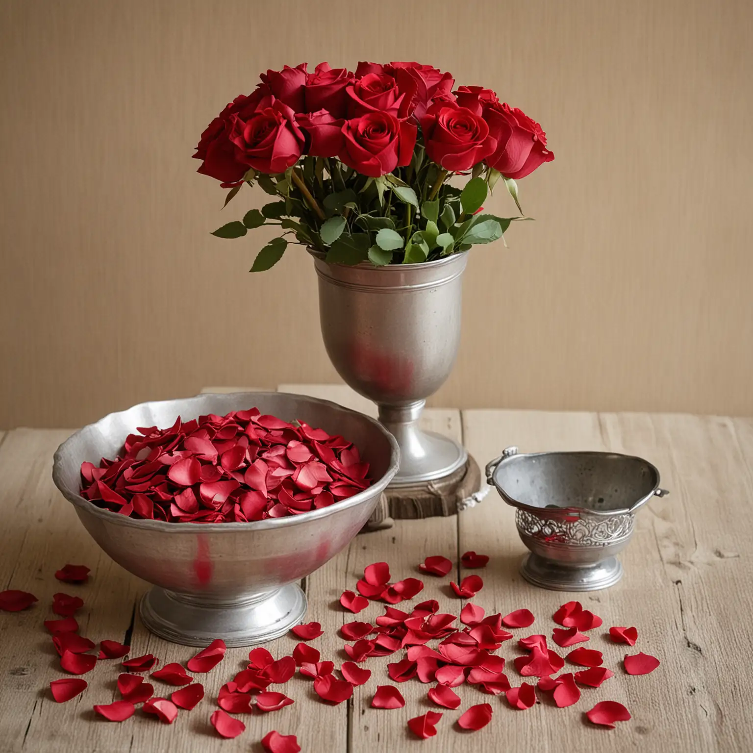 a small and simple DIY vintage wedding centerpieces with red rose petals and an antique mixing bowl