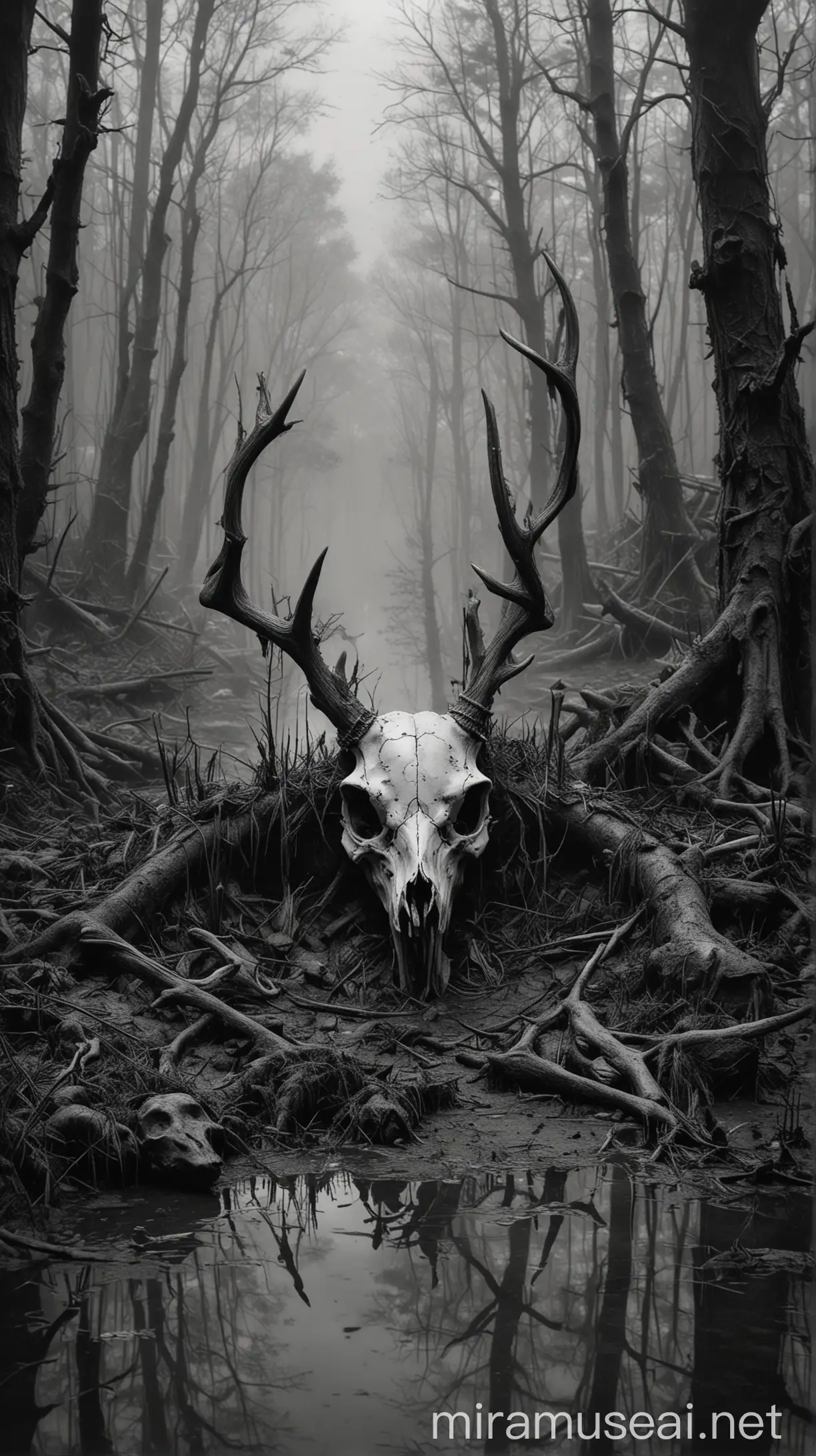 (masterpiece), best quality, a lot details, , , death and life, dirty style, arikroper art, deer skull art made with black and white sketch in gloomy foggy dark forest, swamp terrain in an old thick forest, much mud and water, distant view from a high tree, dark, much fog and gloom atmosphere