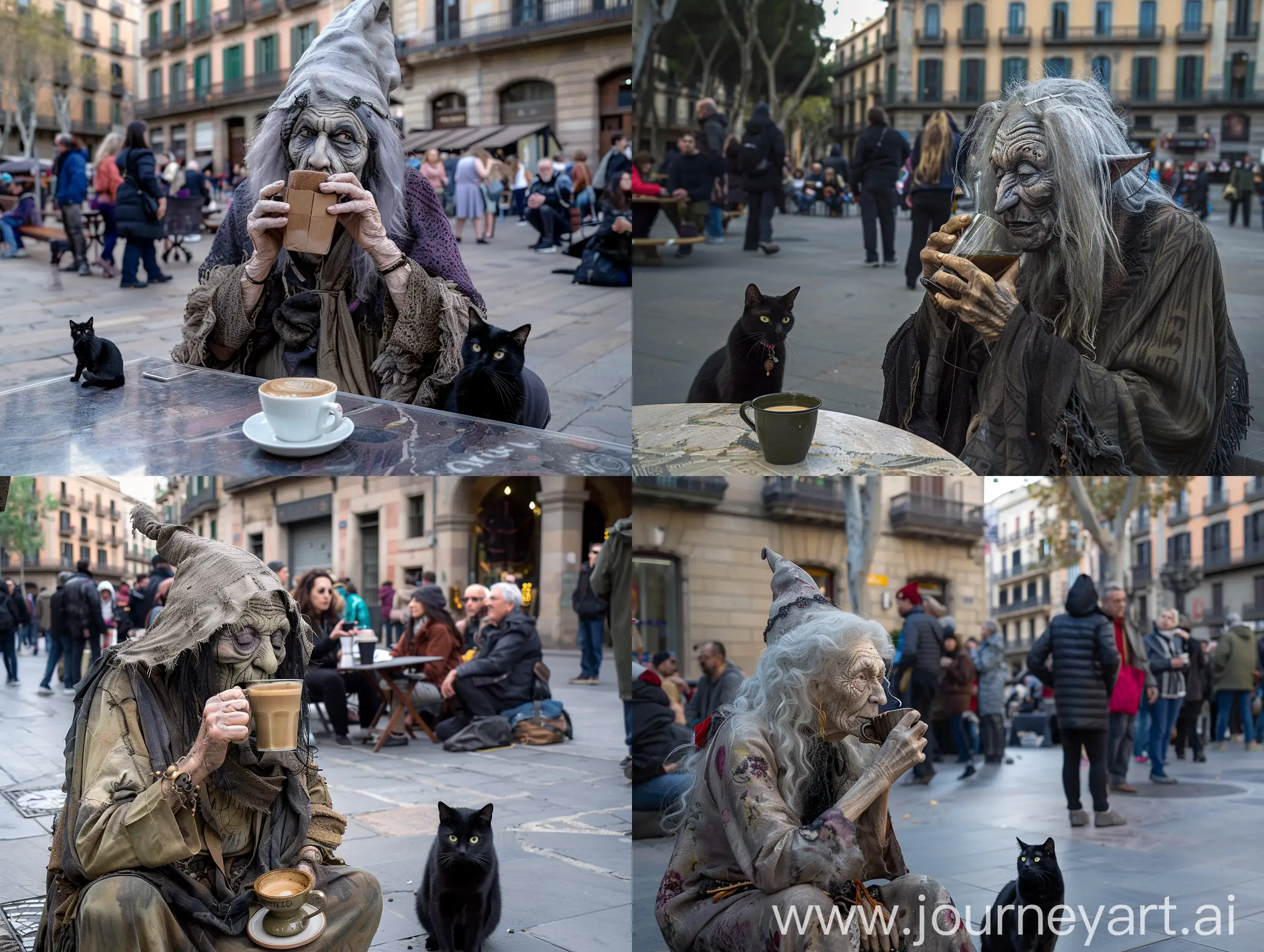 The Baba Yaga, photorealistic, is drinking coffee on the main square of Barcelona, people watching transfixed, cinematic, realistic, pro photo. her black cat nearby