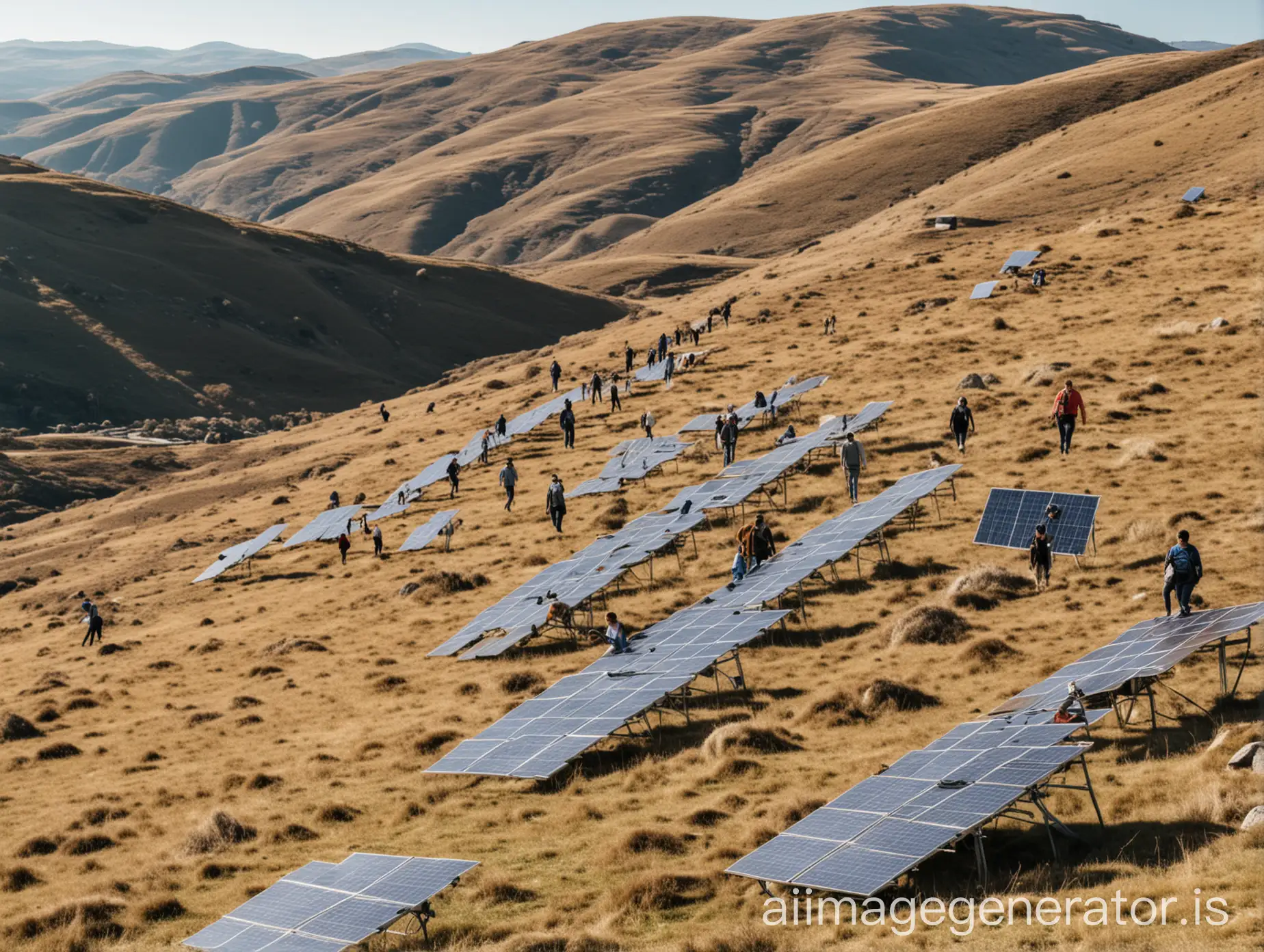 a group of people in the distance, walking around hills with a few solar panels scattered on them. The sky is very bright.