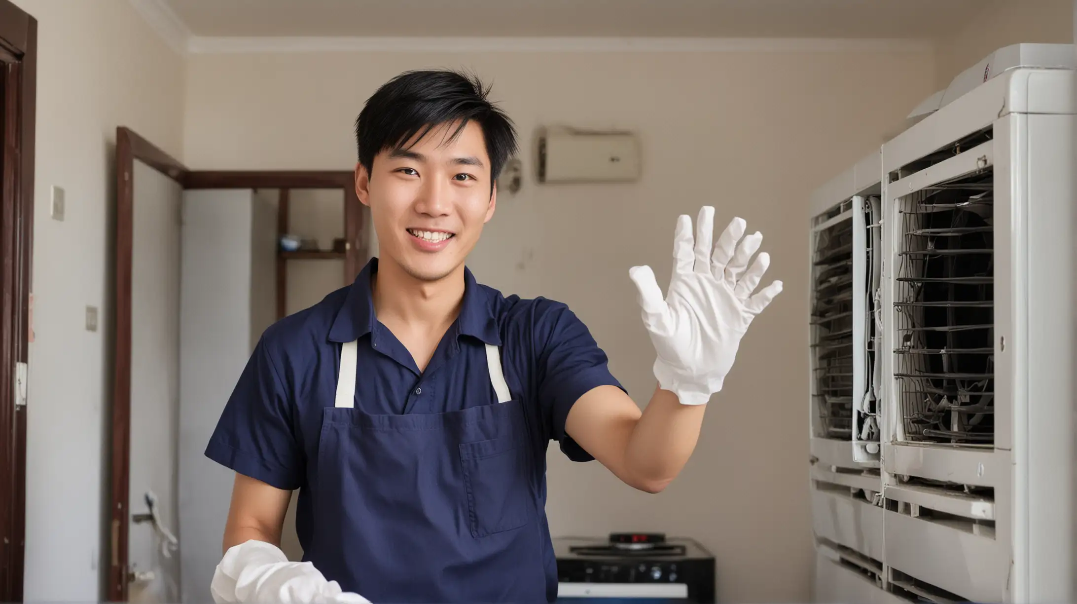 Joyful Chinese Worker Cleaning Air Conditioner in Navy Apron