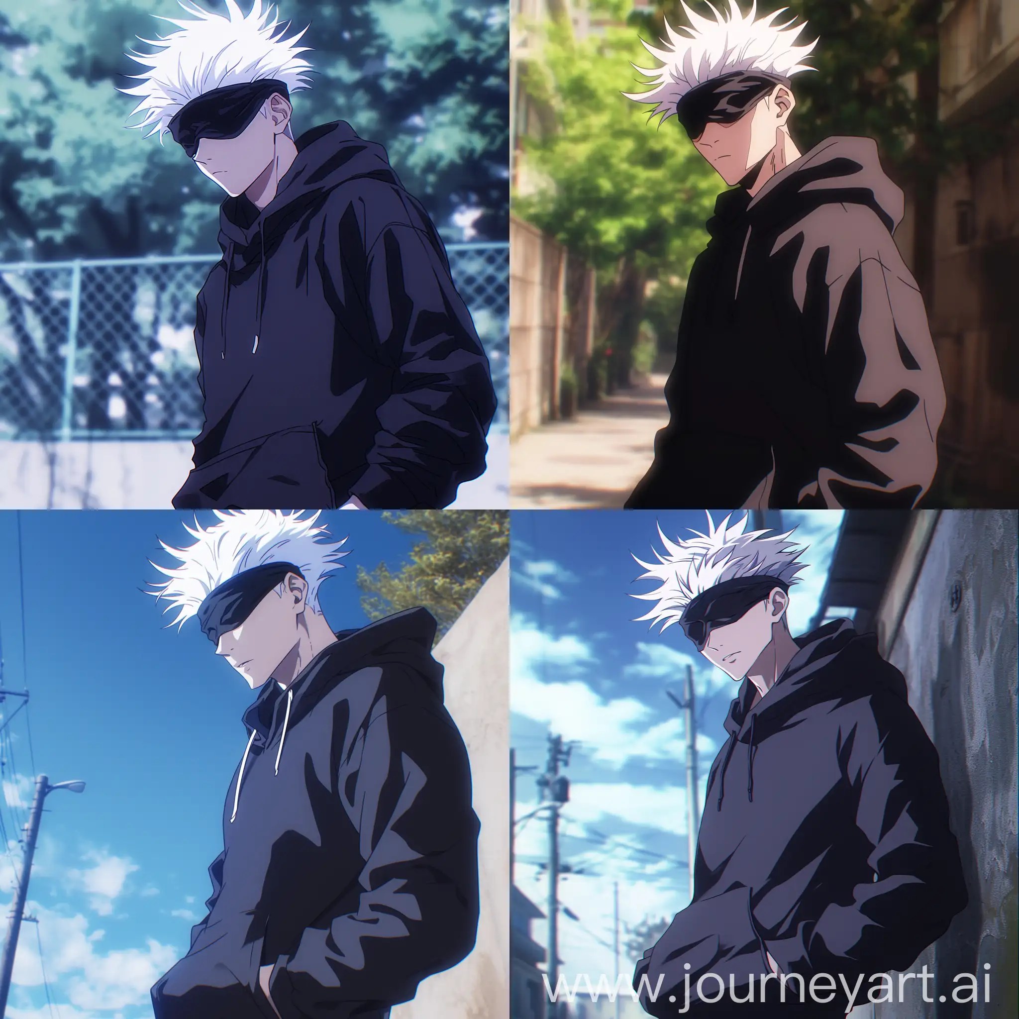 Gojo in cool hoodie, photo screenshot from anime, ((Gojo satoru)), White hair, blind fold, gojo from jujutsu kaisen anime, doubtful face, confused and confident,blank like face, looking at the viewer from side, cool look, wearing black hoodie, hoodie hood on his head, some hairs coming out, hands in pocket, half body shot, outdoors --niji 6