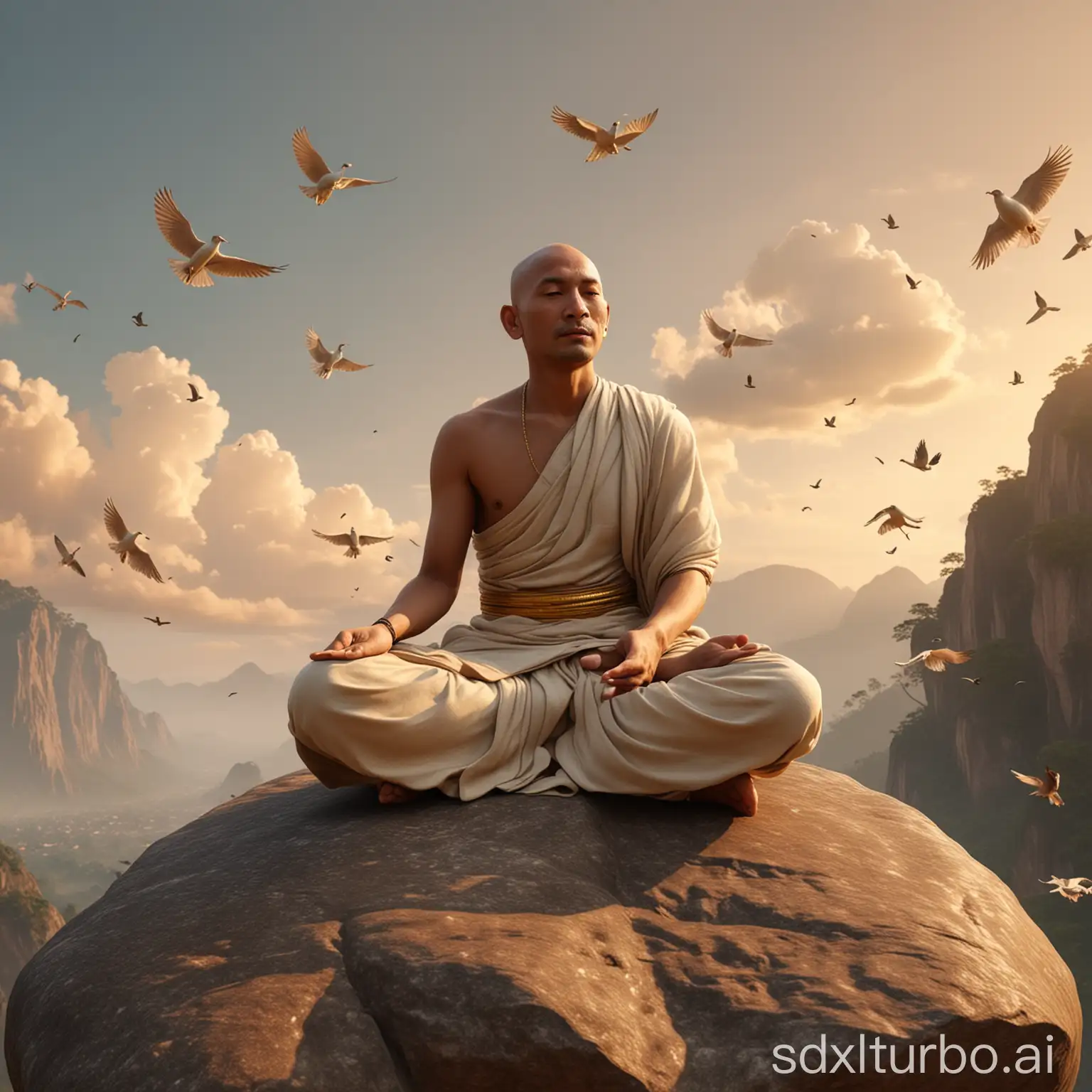 a bald Nepalese buddhist man, on the top a rock, Lotus pose , vanilla sky, peaceful mood, flying birds around, hyperrealistic, rich details, delicate features, authentic lighting, 16k