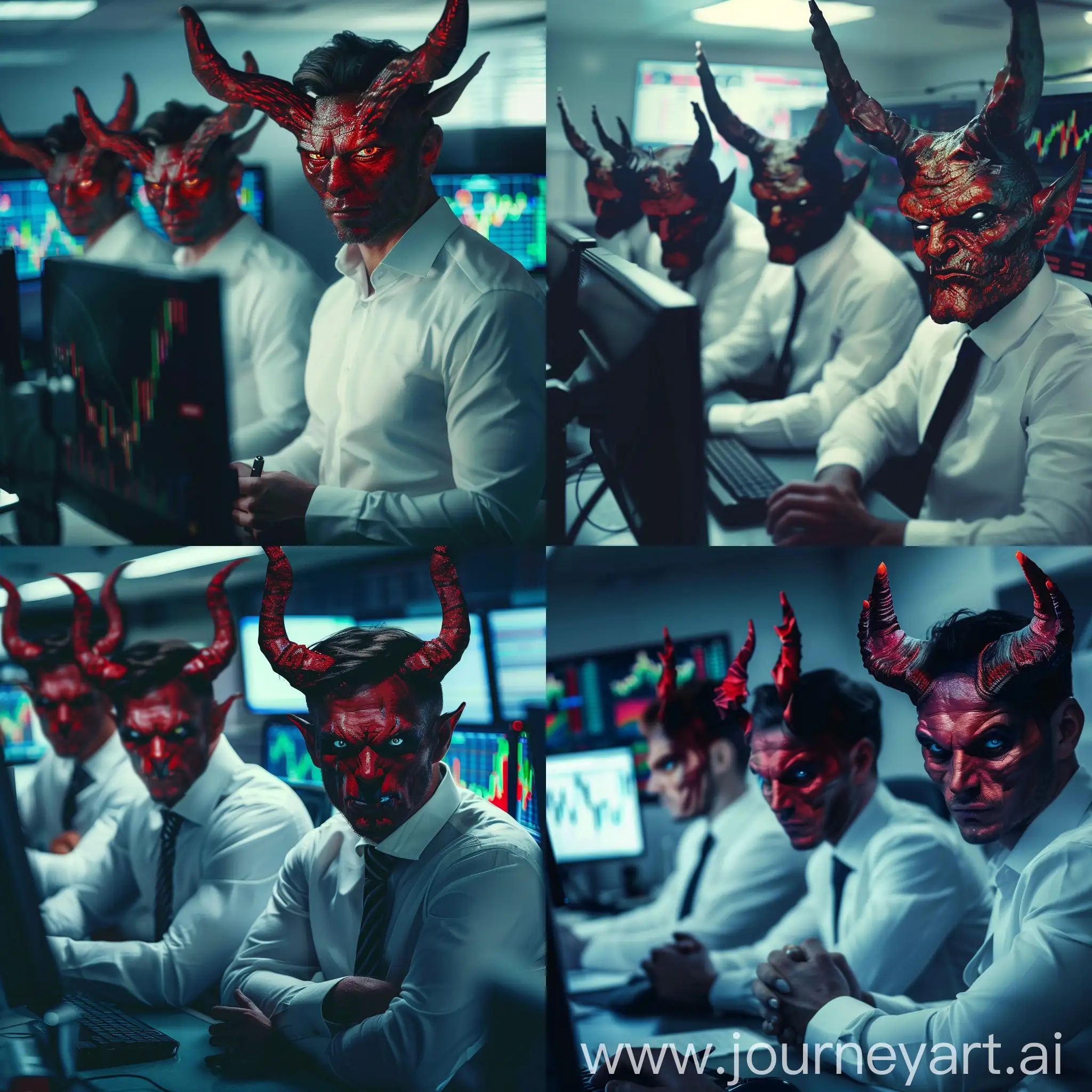 Trading, devil traders, wall street, stocks and markets, beautiful demons, several demons, demons with horns, trading stocks on the wall street, in business white shirts, beautiful, rich traders, monitors with graphs, c looking straight at me, close-up, 4k