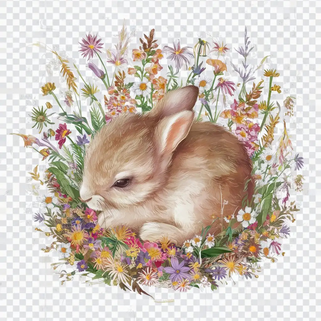 Amidst this floral symphony, a tiny bunny rabbit finds solace nestled within the embrace of the wildflowers, png transparent background