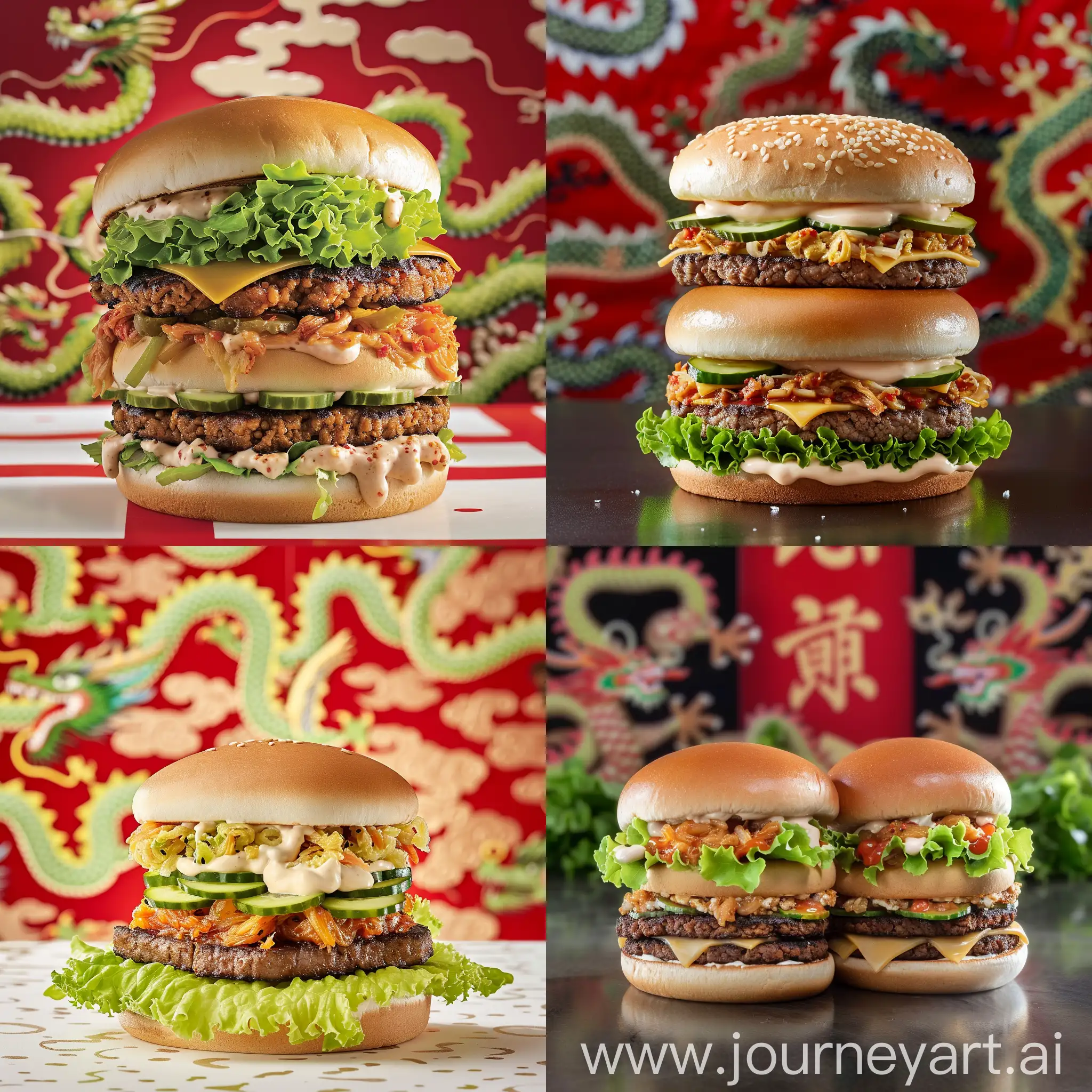 The Oriental Mac Vegan is an exotic variation on the classic Big Mac. The combination of juicy vegan steak, crispy vegetables and aromatic Asian ingredients creates a burger that will take you straight to the heart of Asia.

Ingredients:

Bao bun - soft and steamed, perfectly matching Asian flavors.

Two vegan steak - seasoned with soy sauce and ginger for an oriental flavor.

Kimchi - spicy Korean fermented cabbage, adding spiciness and depth of flavor to the burger.

Romaine lettuce - fresh and crunchy.

Pickled cucumber - for a refreshing taste.

Teriyaki sauce - sweet and salty sauce based on soy sauce and mirin.

Japanese mayonnaise - delicate and creamy, with the addition of rice vinegar.

Accessories:

Optionally, you can add to Oriental Mac:

Sriracha sauce - for even greater spiciness.

Avocado - adding a creamy texture and rich flavor to the burger.

Marinated shiitake mushrooms - enriching the burger with an aromatic, mushroom flavor.

In the background of sandwich a lot of chinese dragons heralding chinesee new year