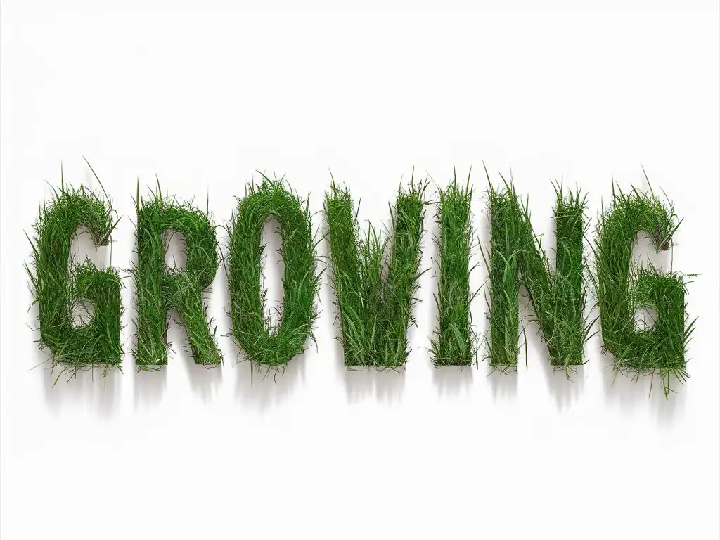 Digitally transform the word GROWING into an artistic font made of grass, in green colour, with a perfect and complete font. The image should be a PNG with a white background, and nothing else should appear except the word GROWING.
