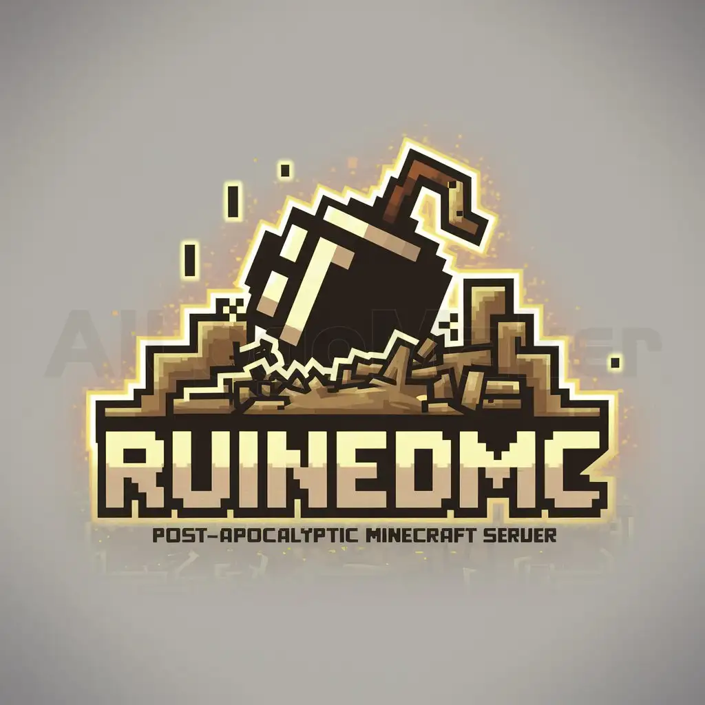 a logo design,with the text "RuinedMC", main symbol:I want a logo in the style of minecraft for a post-apocalyptic server and with related topics,Moderate,clear background