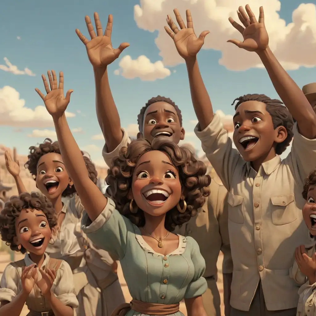 1900s detailed 3D cartoon-style african americans raising hands smiling in new mexico 