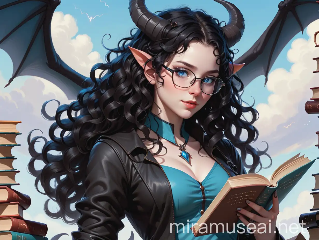 tired tiefling female wearing glasses with pale skin, sky blue eyes, long curly black hair with two sets of horns, tail and large dark leather wings delivering a stack of books