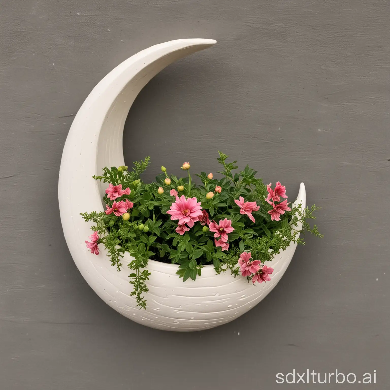 Elegant-Crescent-Moon-Shaped-Flower-Pot-with-Blossoming-Flowers