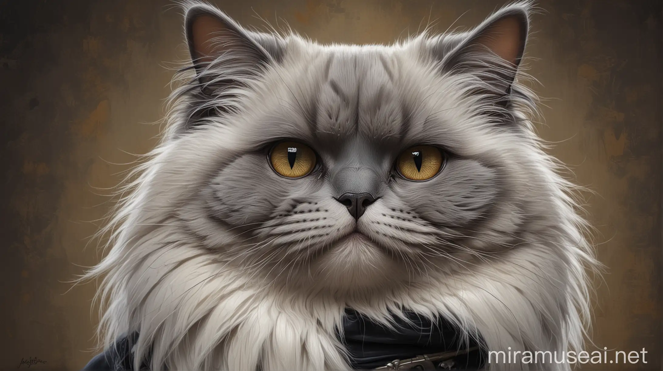 an oil painting cartoon gray Ragdoll cat, with a scar on his left eye (with a dark noble outfit)
