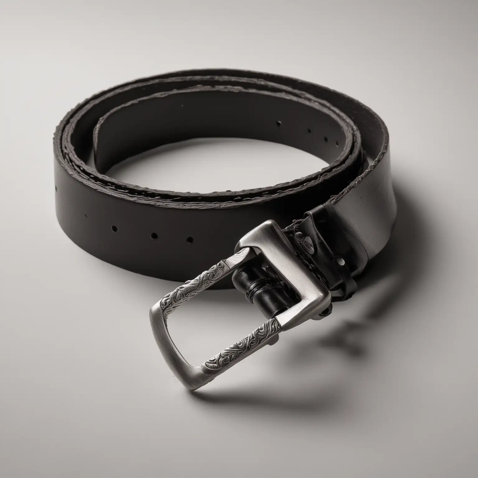 a man's black leather belt lying on a white background
