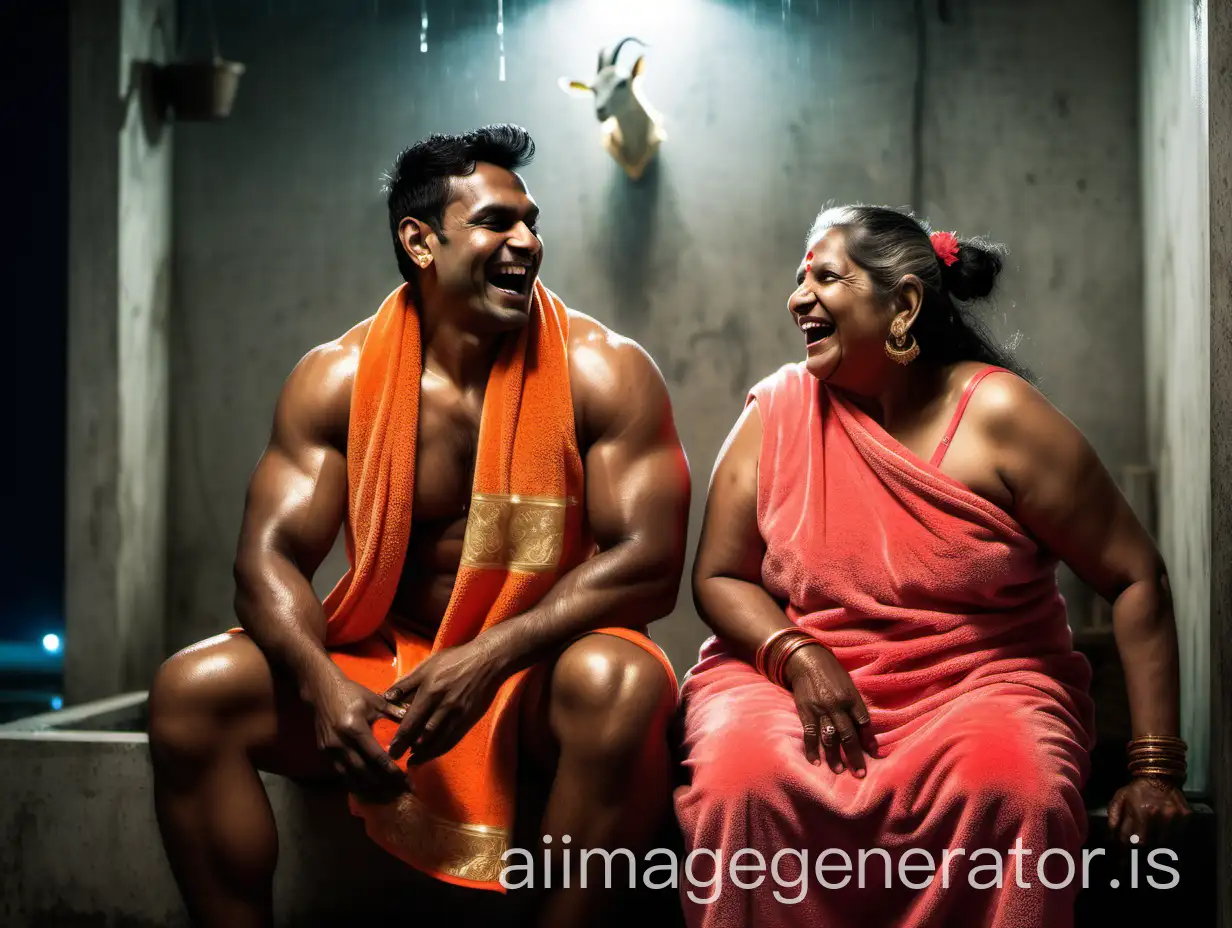 Indian-Couple-Laughing-in-Neon-Coral-Bath-Towels-with-Goat-in-Rainy-Concrete-Room