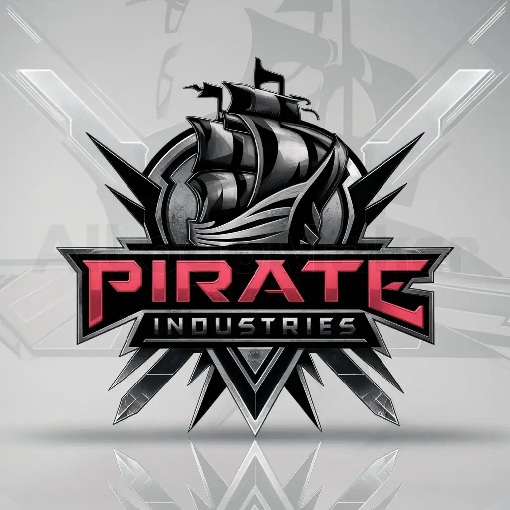 a logo design,with the text "PIRATE INDUSTRIES", main symbol:logo design name Pirate Industries about a hacker cracks all files in red and black,complex,clear background