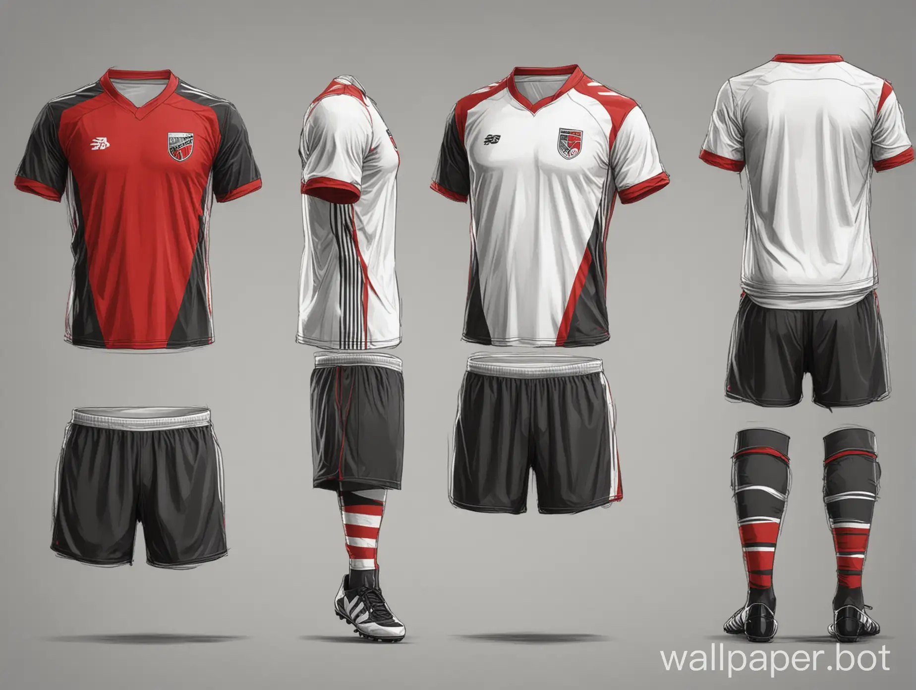 Soccer uniform black-white-red with wide slanted stripes white background sketch form concept