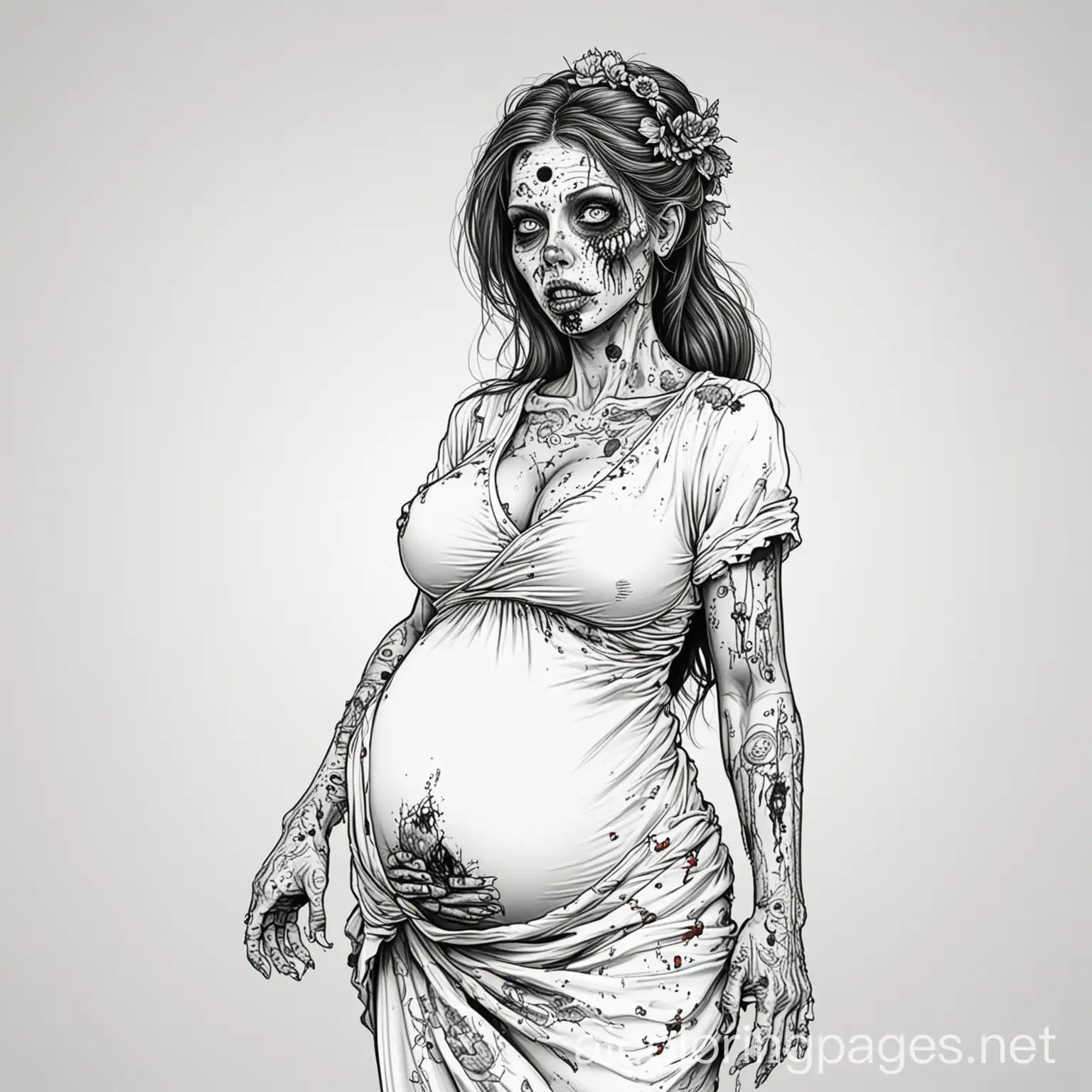 zombie pregnant, Coloring Page, black and white, line art, white background, Simplicity, Ample White Space