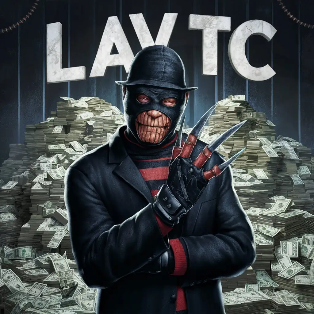 фредди крюгер бандит в черной балаклаве и в черном костюме , на фоне деньги и надпись LAV TC
