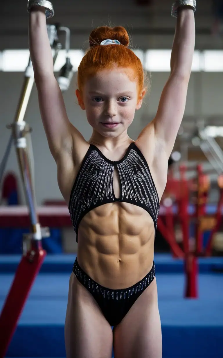 6 years old rhytmic gymnast girl, ginger hair, extremely muscular abs, showing belly, string swimsuit, at the gym