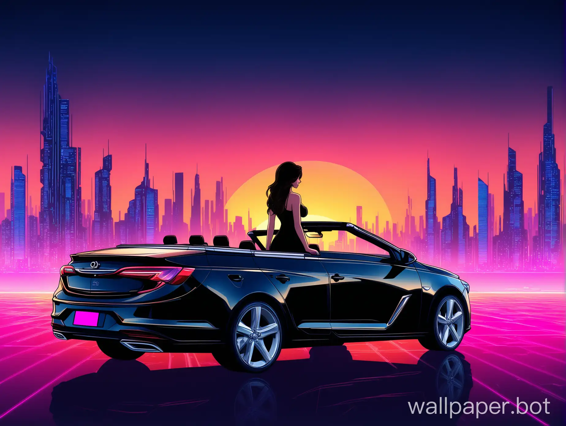 fuller shape woman with long darkbrown hair visible from the back (her face isn't visible), wearing black t-shirt with cleavage, jeans and high heels standing on the right side of a grey opel insignia grandsport convertible car visible from the side. background is a futuristic city at sunset, synthwave style