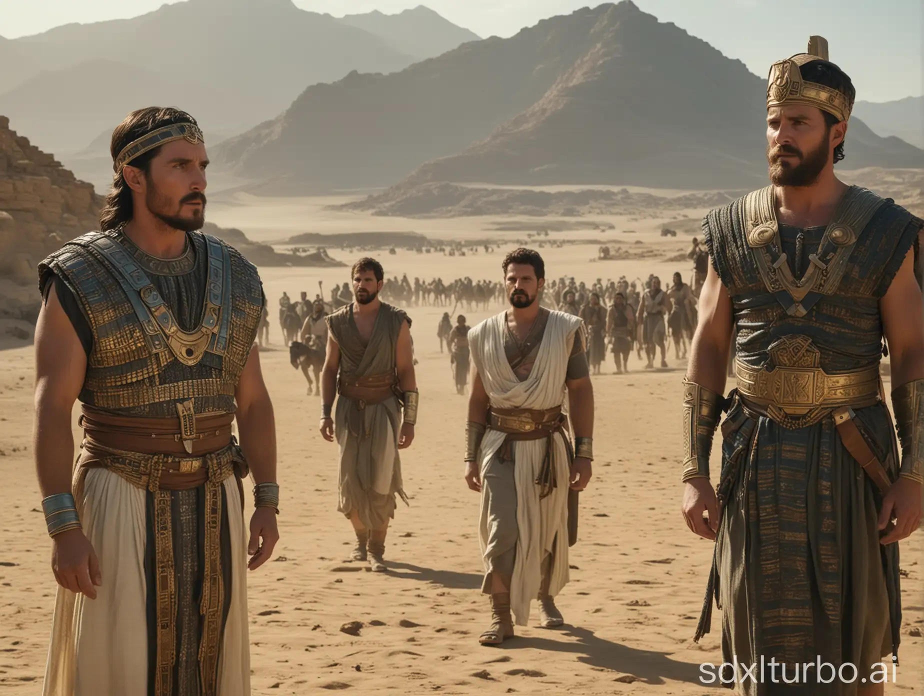 In this image, we see a scene from the movie "Exodus: Gods and Kings" featuring actors Christian Bale as Moses and Joel Edgerton as Ramses. They are standing amidst a desert landscape with other characters in the background. Both men are dressed in period costumes that reflect their roles as leaders of ancient Egypt. Their expressions convey a sense of tension and intensity, indicative of the historical drama unfolding in the film. Cinematic lighting, Unreal Engine 5, Cinematic, Color Grading, Editorial Photography, Photography, Photoshoot, Shot on 70mm lense, Depth of Field, DOF, Tilt Blur, Shutter Speed 1/1000, F/22, White Balance, 32k, Super-Resolution, Megapixel, ProPhoto RGB, VR, tall, epic, artgerm, alex ross, Halfrear Lighting, Backlight, Natural Lighting, Incandescent, Optical Fiber, Moody Lighting, Cinematic Lighting, Studio Lighting, Soft Lighting, Volumetric, Contre-Jour, dark Lighting, Accent Lighting, Global Illumination, Screen Space Global Illumination, Ray Tracing Global Illumination, Red Rim light, cool color grading 45%,