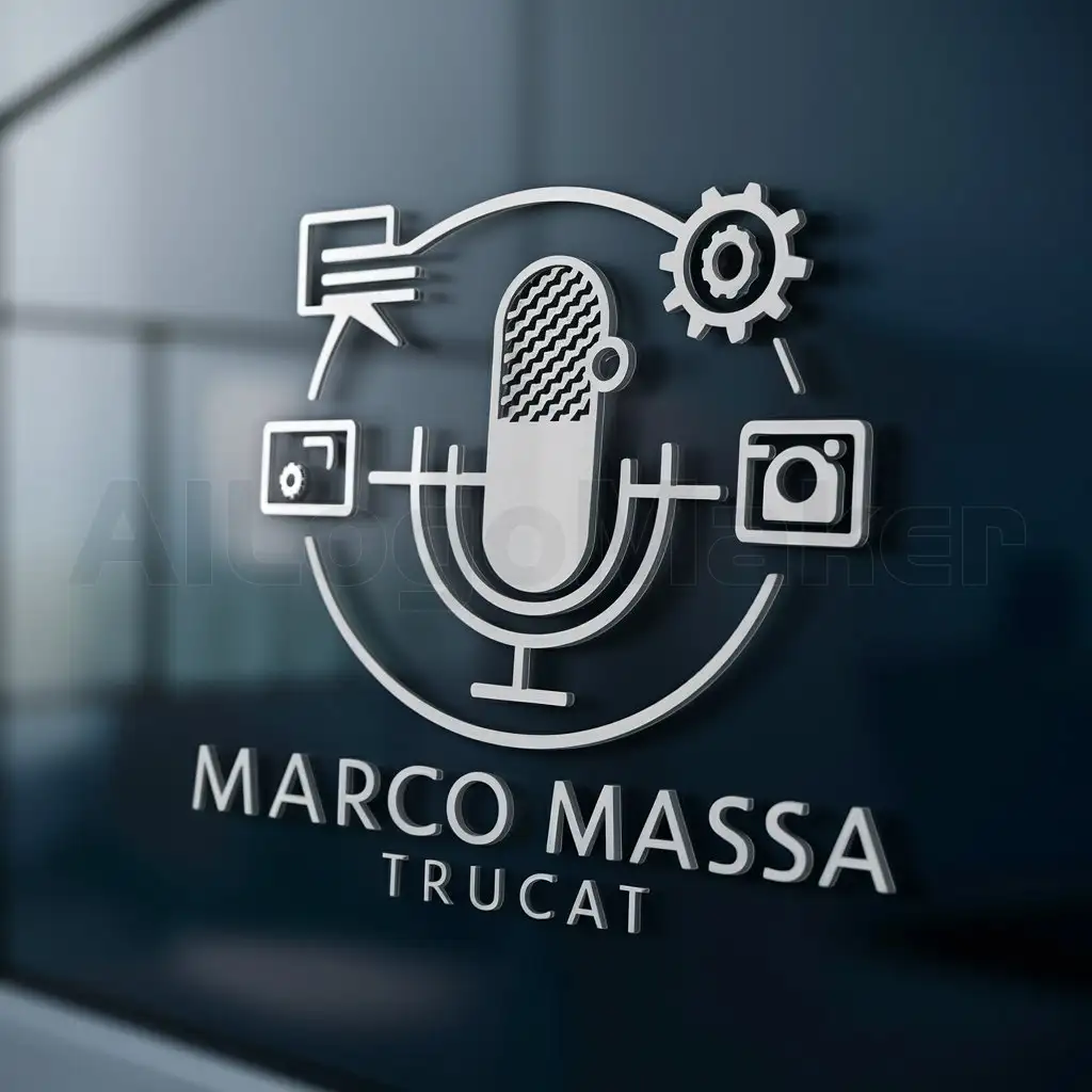 a logo design,with the text "Marco Massa Trucat", main symbol:A microphone as the central element. Integrate it with other small icons around it: a dialogue bubble for subtitles, a gear for AI, and a camera for video creation. All of this within the circle already present in the current logo.,Moderate,be used in Dubbing industry,clear background