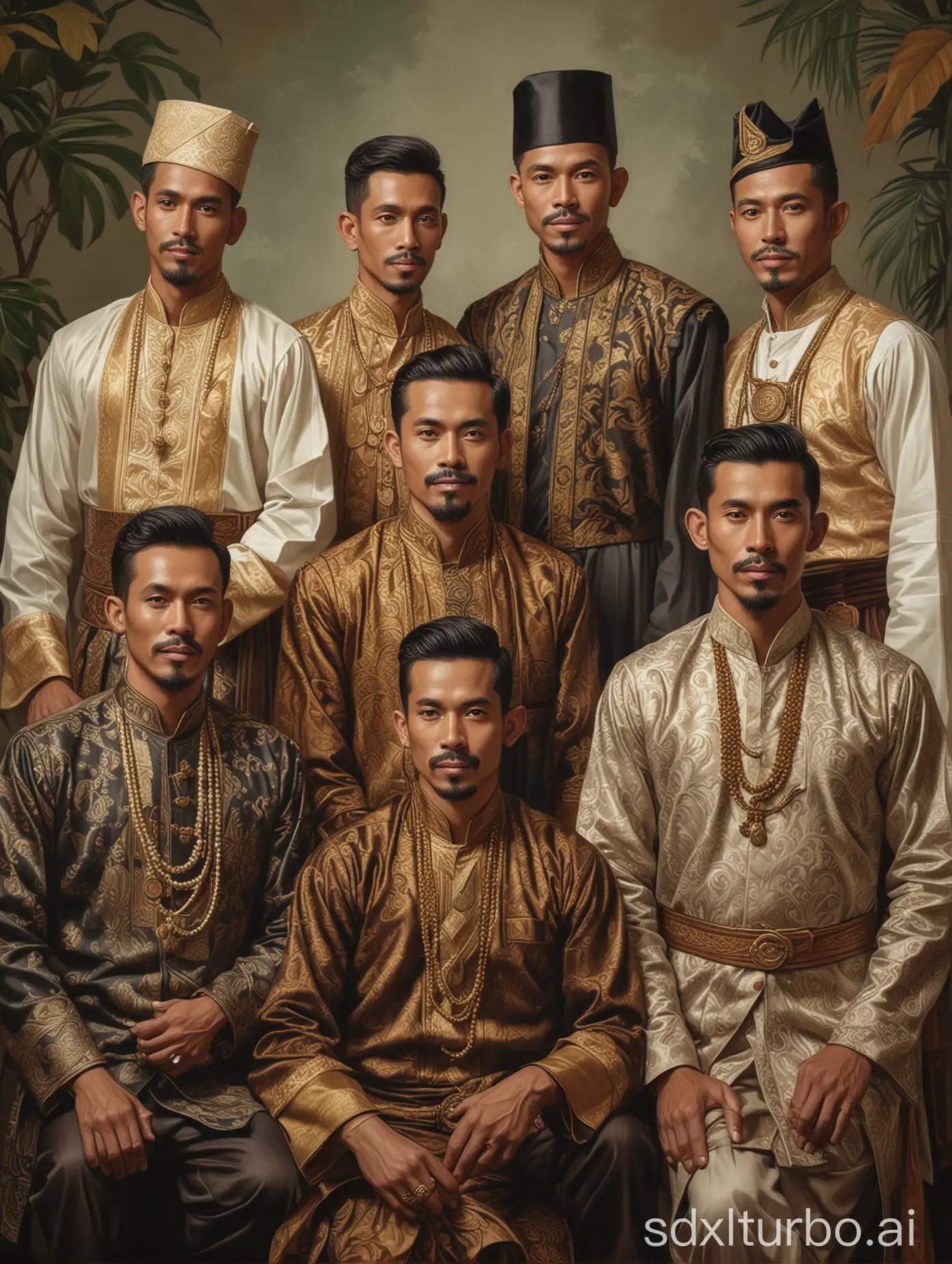 a group portrait of Javanese men from various profession wearing various traditional attire and attributes for a movie in Leyendecker illustration style