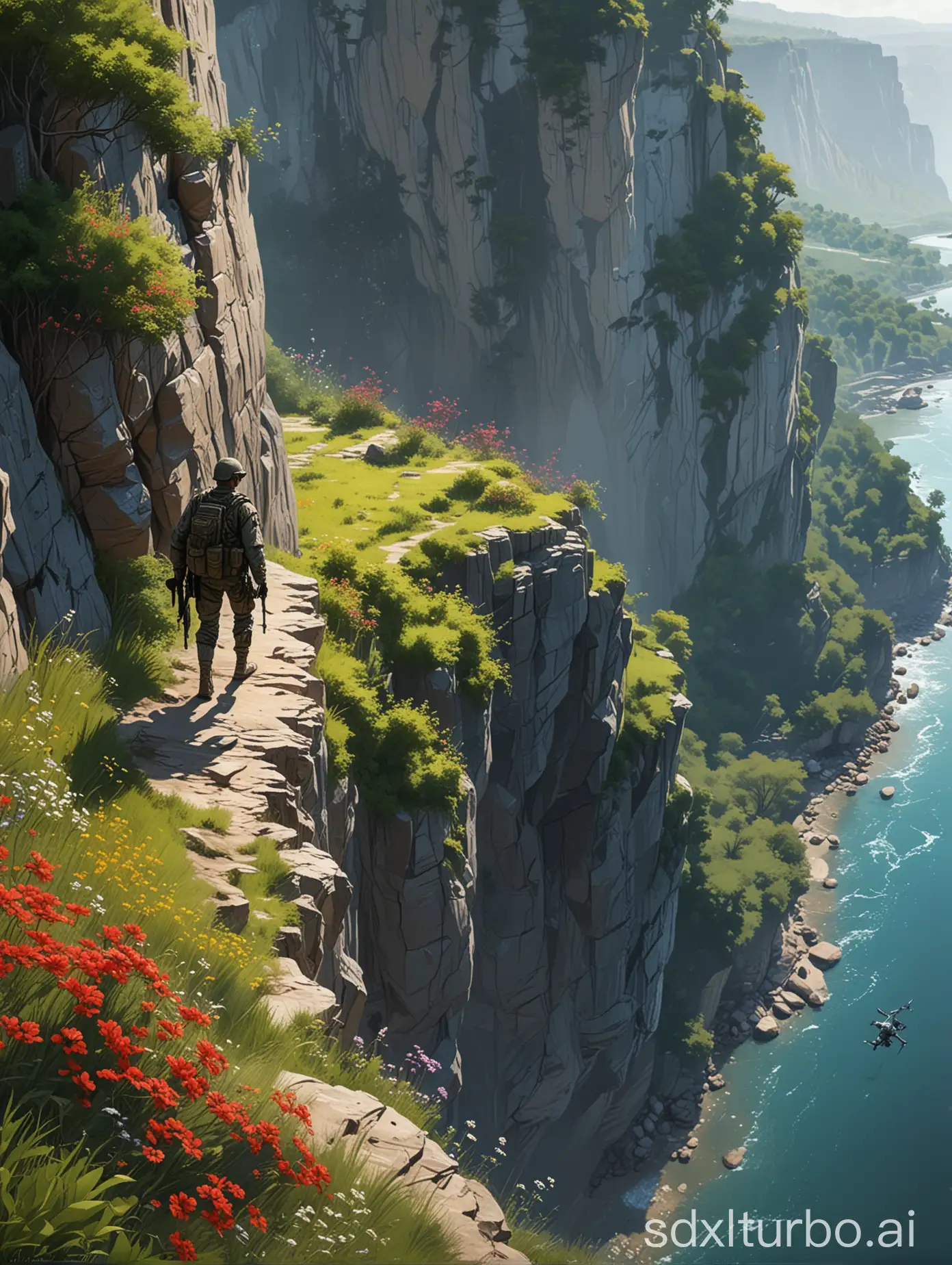 Digital painting of a soldiers walking on a high cliff,drone shot,below is a river,Trees,flowers,grasses,vivid