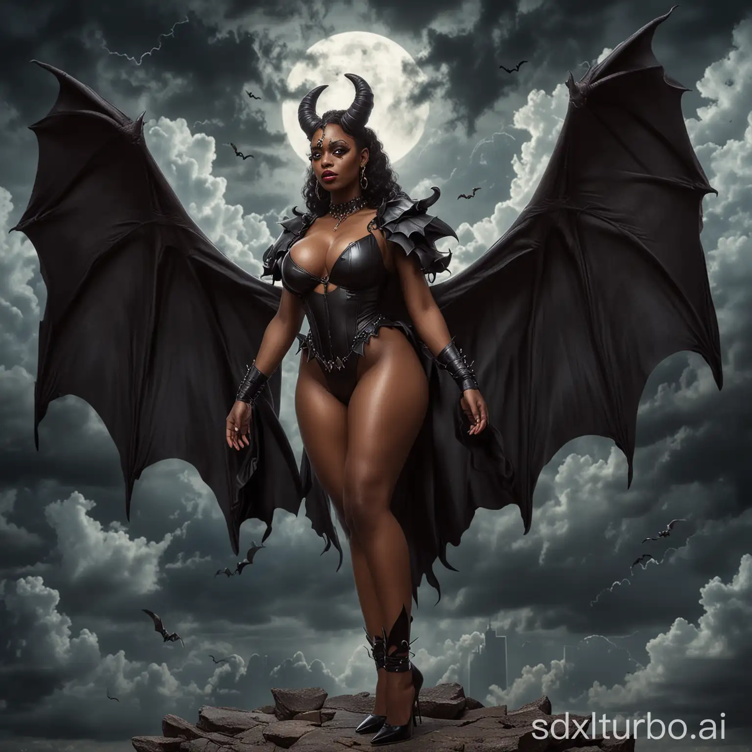 a black woman with big breasts with horns. bat wings  wears high heels  located a place with dark clouds