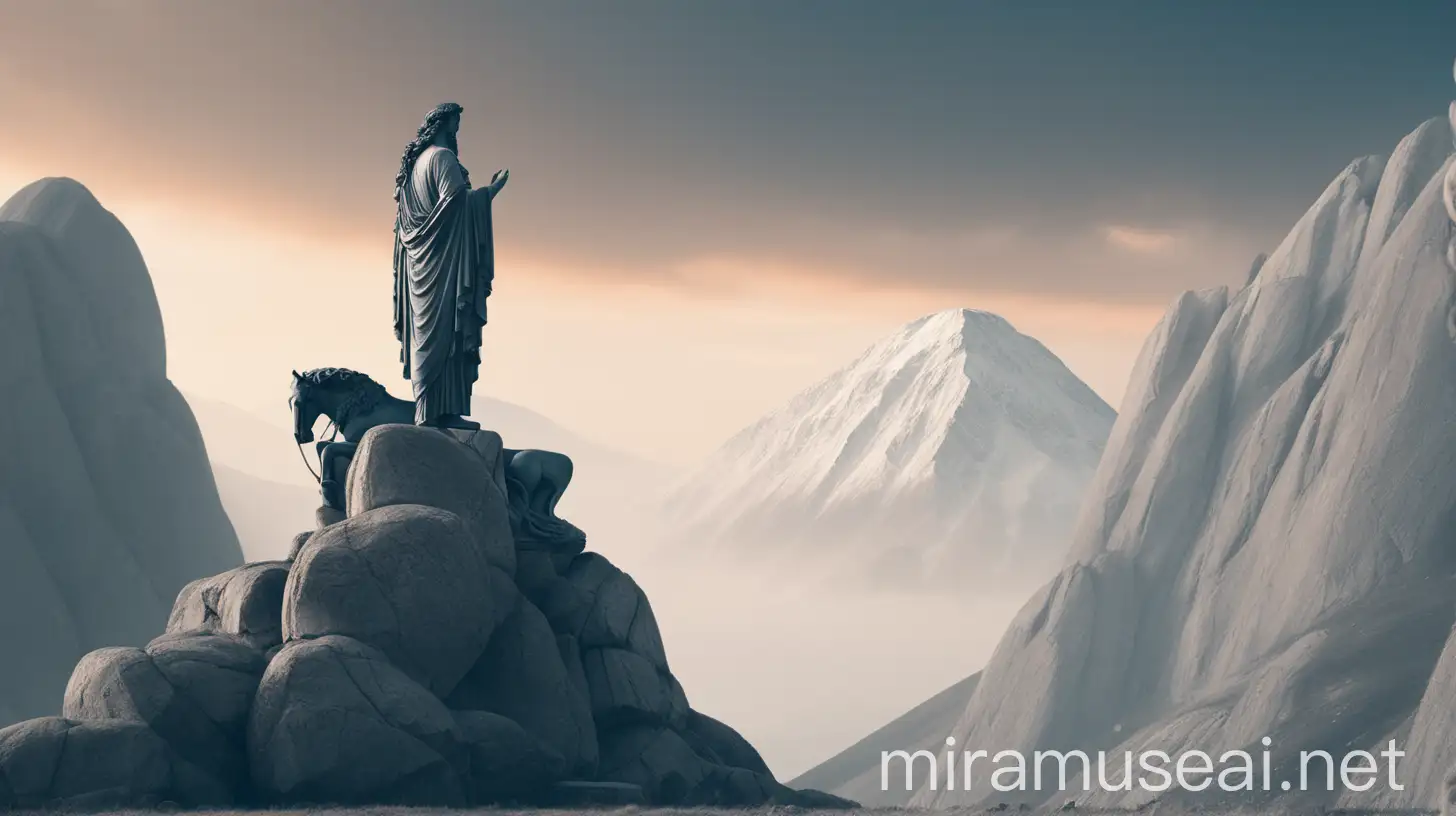 Stoic Statue Images with long hair mountains in surrounding 