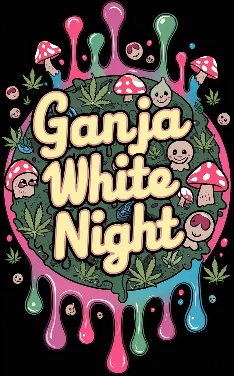 Psychedelic Ganja White Night Typography with Neon Slime and Trippy Elements