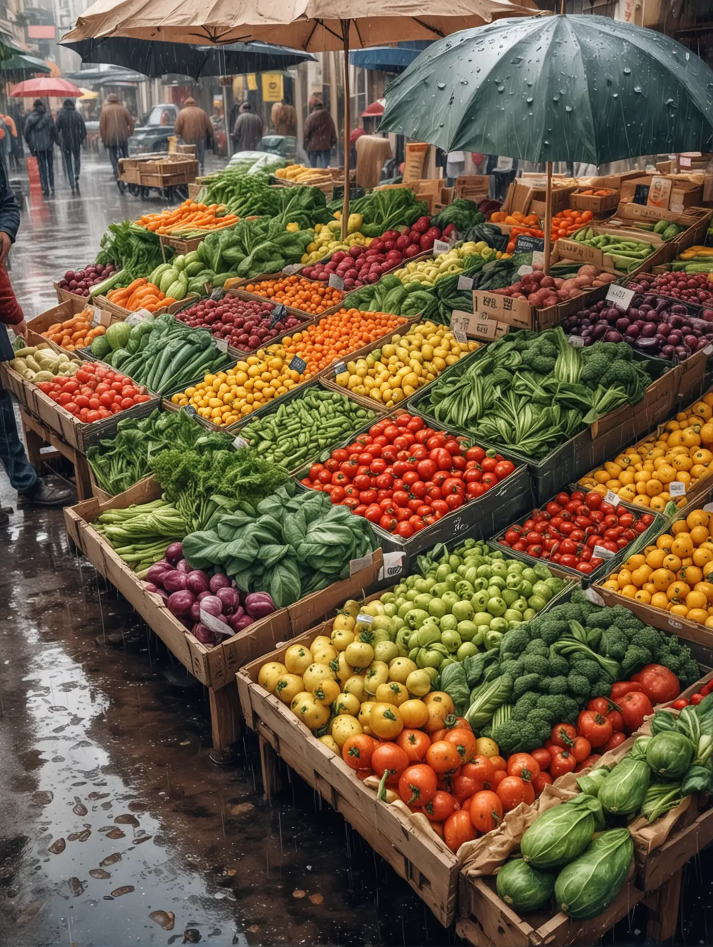 Colorful Market Illustration Vibrant Fruits and Vegetables in a Romantic Rainy Setting