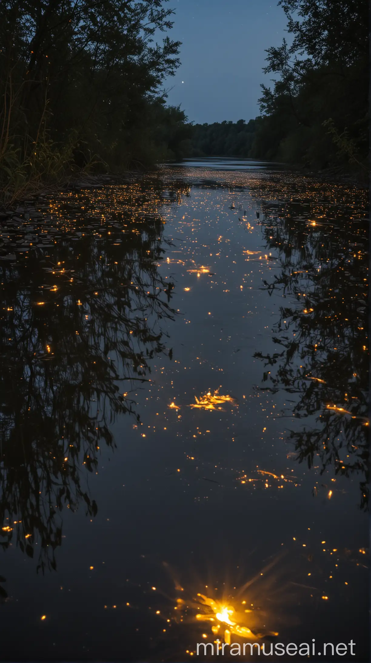 Fireflies Night by the Big River Bank