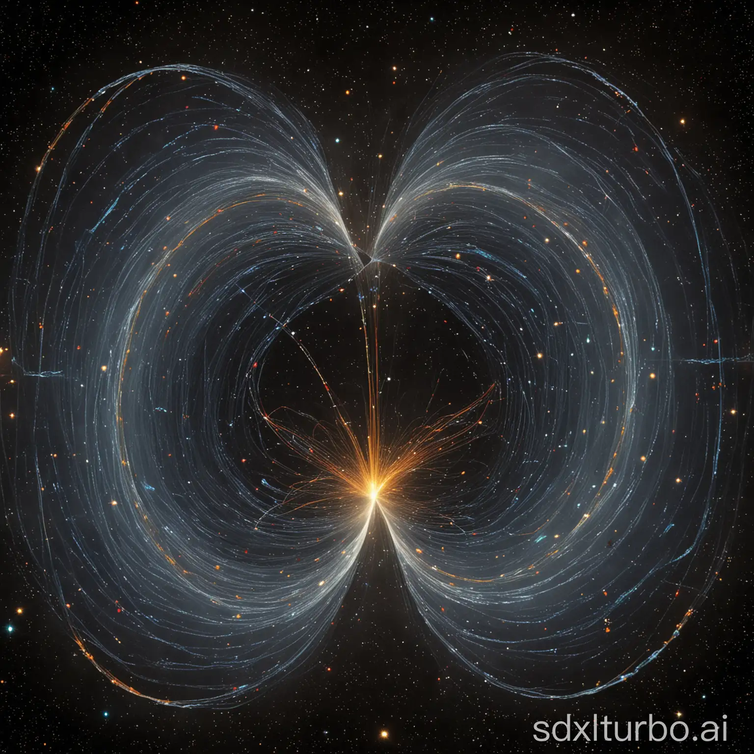 charged particles' trajectories curvature and its radiation in the cosmic space, more density, bulk of trajectories in many directions, around many charge sources