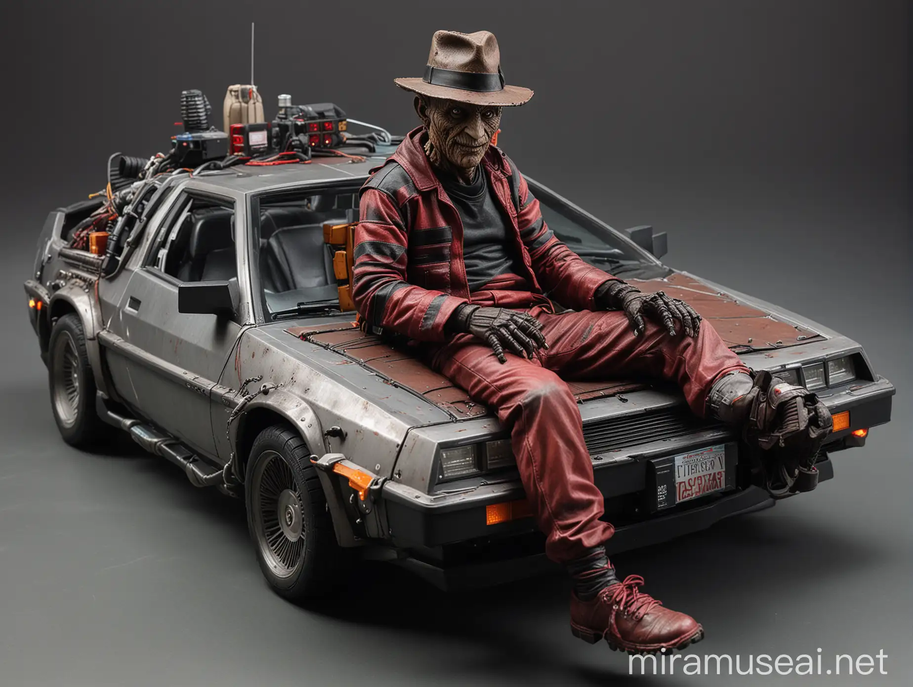 Cyberpunk Freddy Krueger sitting on Back to the Future DeLorean