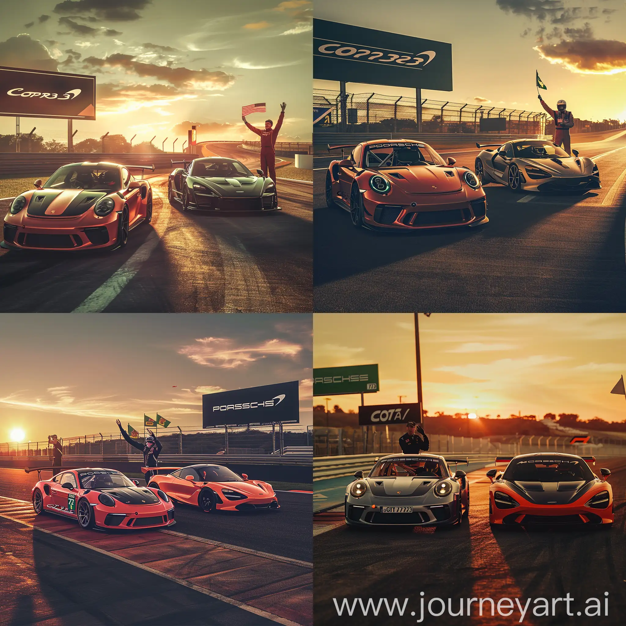 photo realiste, circuit de COTA, Porsche 911 GT3 RS numéro 28 et McLaren 720S GT3 numéro 73 côte à côte sur la piste, coucher de soleil, ombres allongées, panneau d'affichage avec le nom du circuit, commissaire de piste agitant le drapeau vert