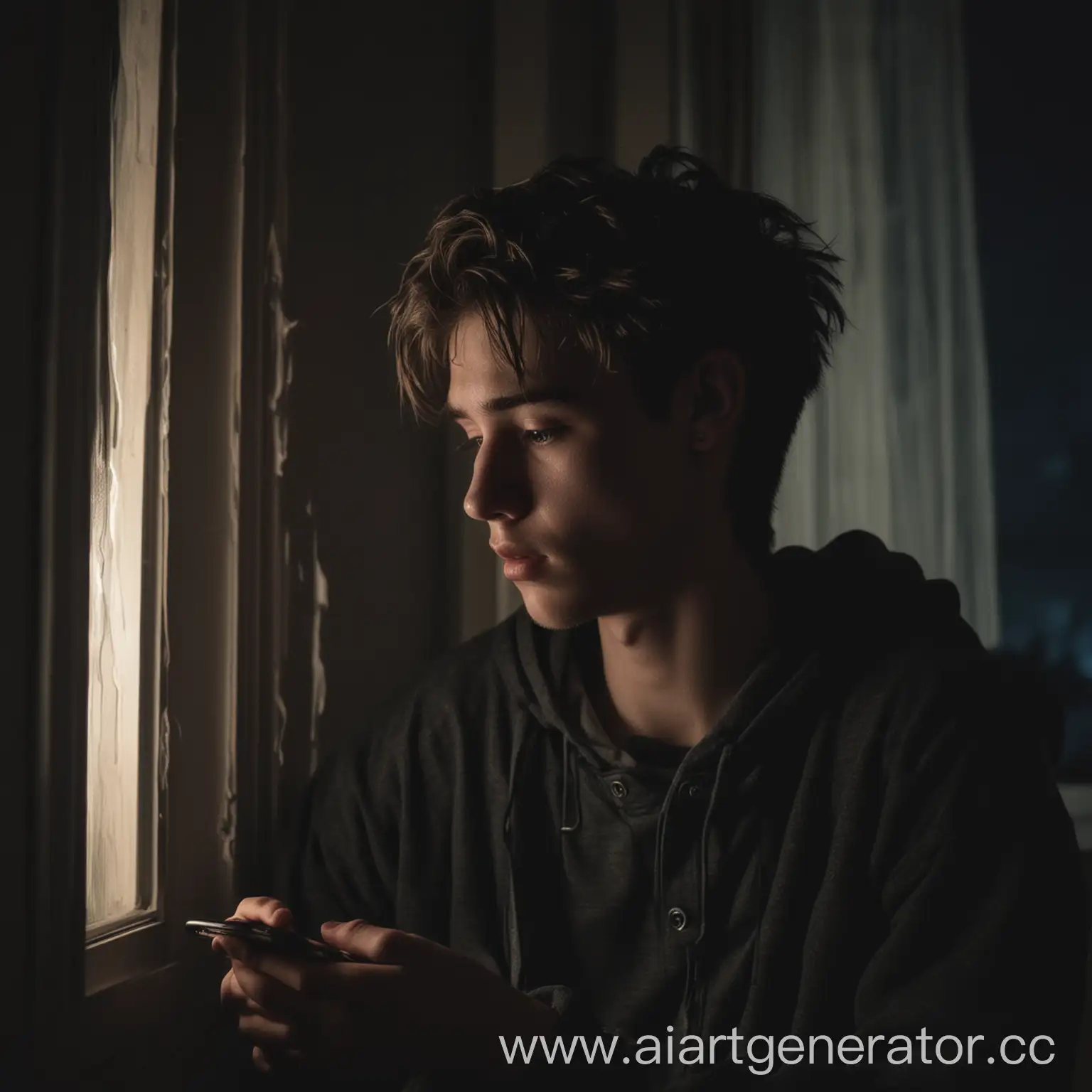 подросток сидит у окна в тёмной комнате по щеке стекают чёрные слёзы, рядом телефон с музыкой. на улице ночь и видно небо