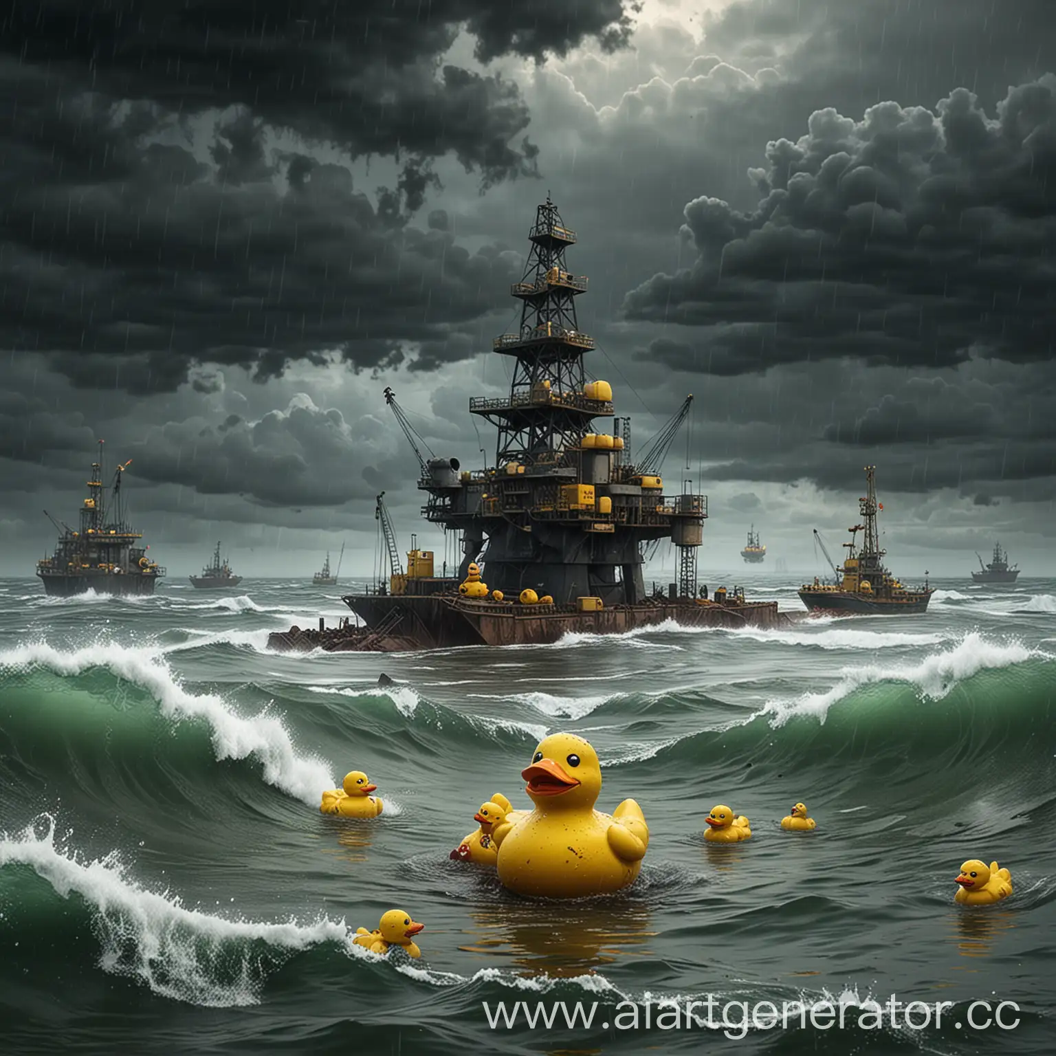 Нарисуй изображение красками в стиле пост апокалипсиса, где резиновые уточки желтого цвета в количестве двух штук, плавают в океане во время шторма, и на заднем фоне станция по добыче нефти.
