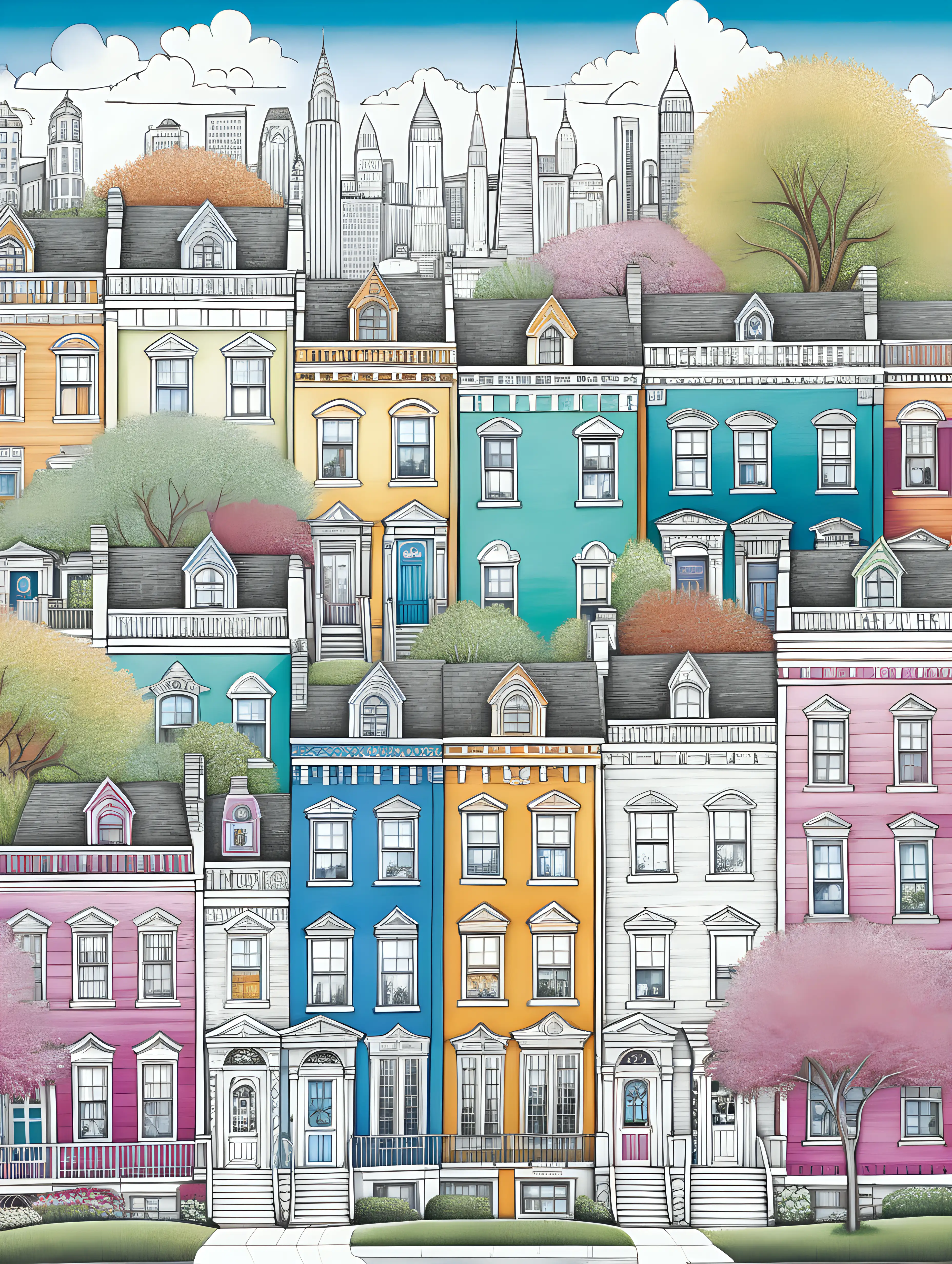 illustrated cover for a coloring book, colored in realistic and playful colors, city townhouses aligned horizontally with perfect symmetry, each a unique color pattern, pretty trees and flowers line the block, Above is a playful sky and city skyline, image serves as the perfect wrap for a whimsical coloring book for young adults, clean lines for makes sharp details.
