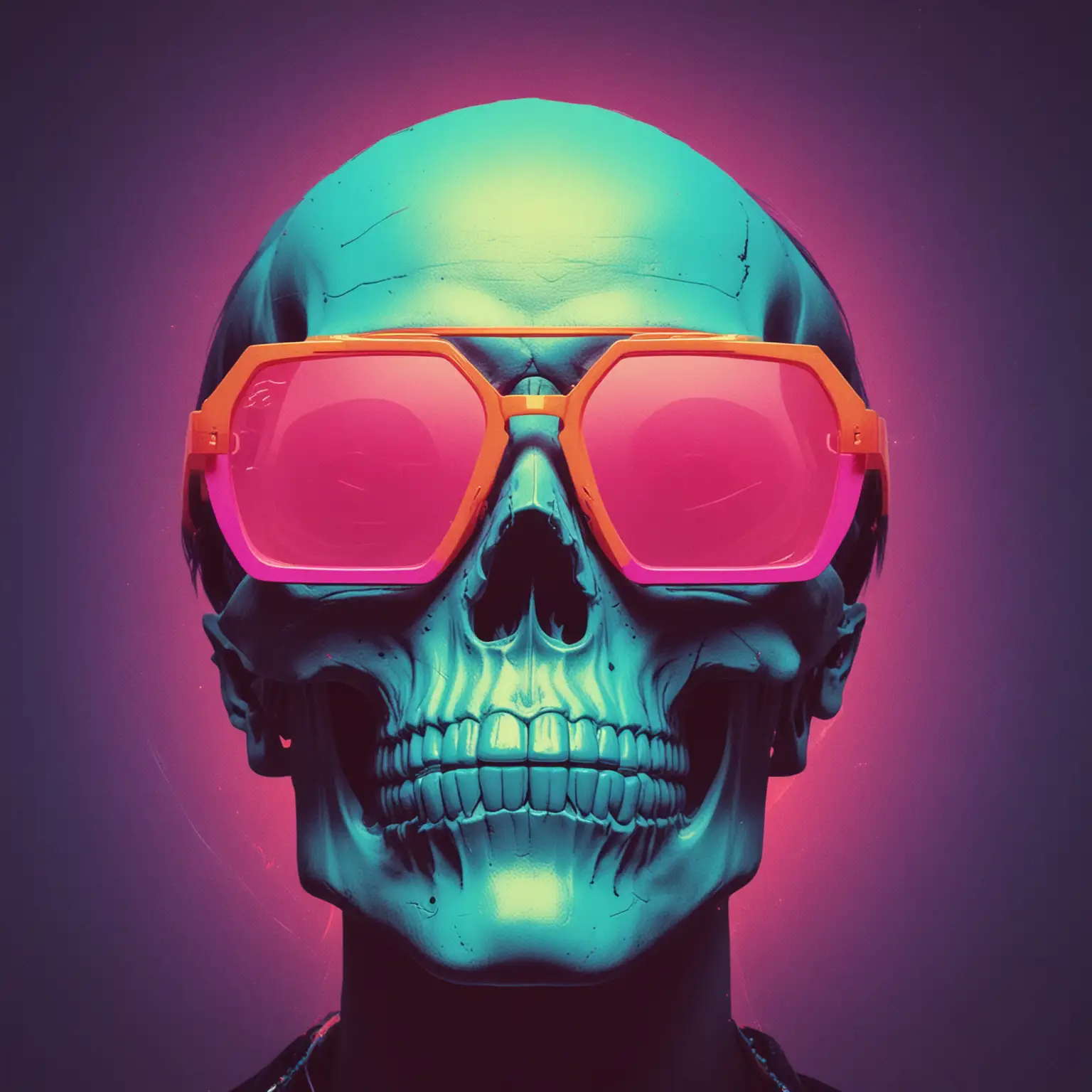 synth neon sunglasses in the style of minimalist 80s trance poster illustration featuring skull, neon, bold, color-blocked compositions, geometric, faded. 