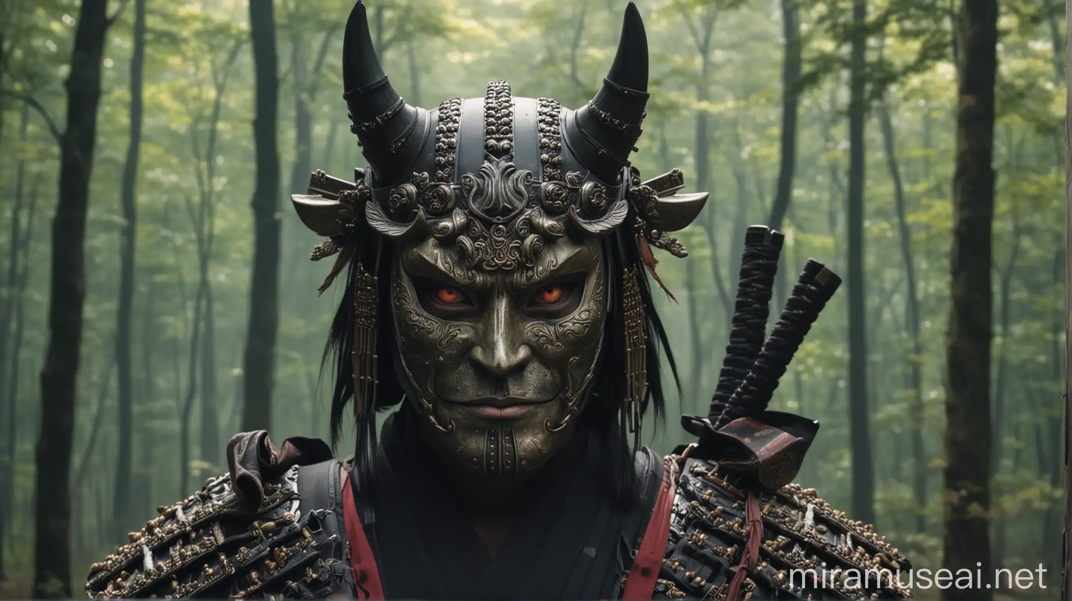 a samurai wearing half devil mask zoom in close face, show the eyes, wearing samurai ammor, wear katana and bow and background beautiful forest 
