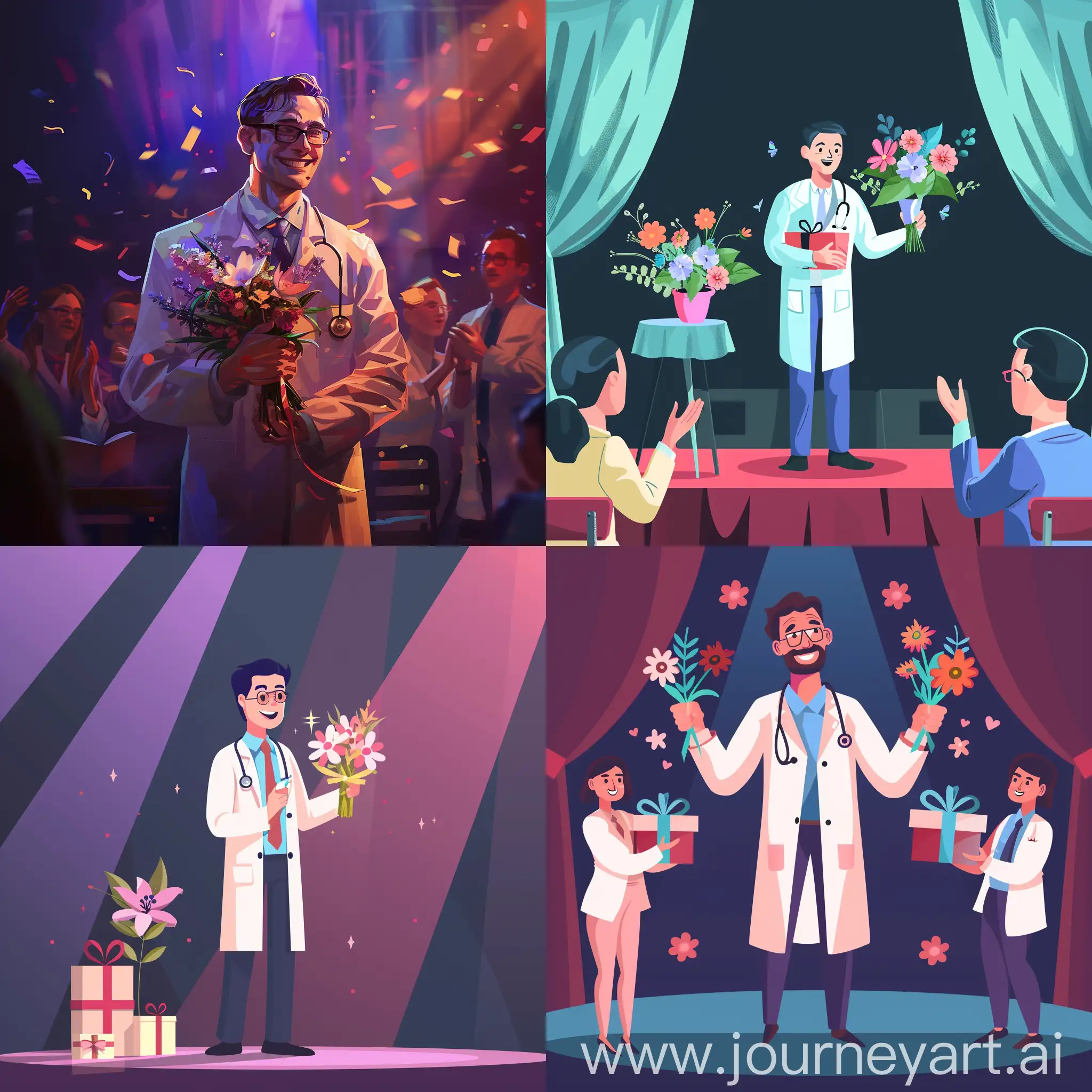 Doctor-in-Suit-Receives-Applause-on-Stage-with-Gifts-and-Flowers