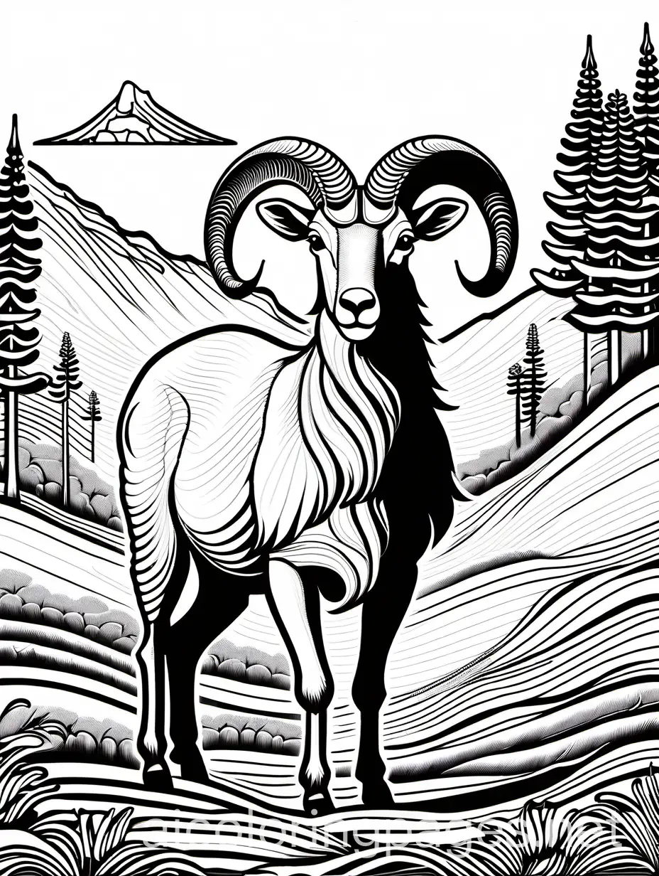Pen and ink sketch, Aoudad Sheep, illustration by Rogan Brown, highly detailed, elegant, fantasy, intricate, very attractive, beautiful, high detail, Coloring Page, black and white, line art, white background, Simplicity, Ample White Space. The background of the coloring page is plain white to make it easy for young children to color within the lines. The outlines of all the subjects are easy to distinguish, making it simple for kids to color without too much difficulty, Coloring Page, black and white, line art, white background, Simplicity, Ample White Space. The background of the coloring page is plain white to make it easy for young children to color within the lines. The outlines of all the subjects are easy to distinguish, making it simple for kids to color without too much difficulty
