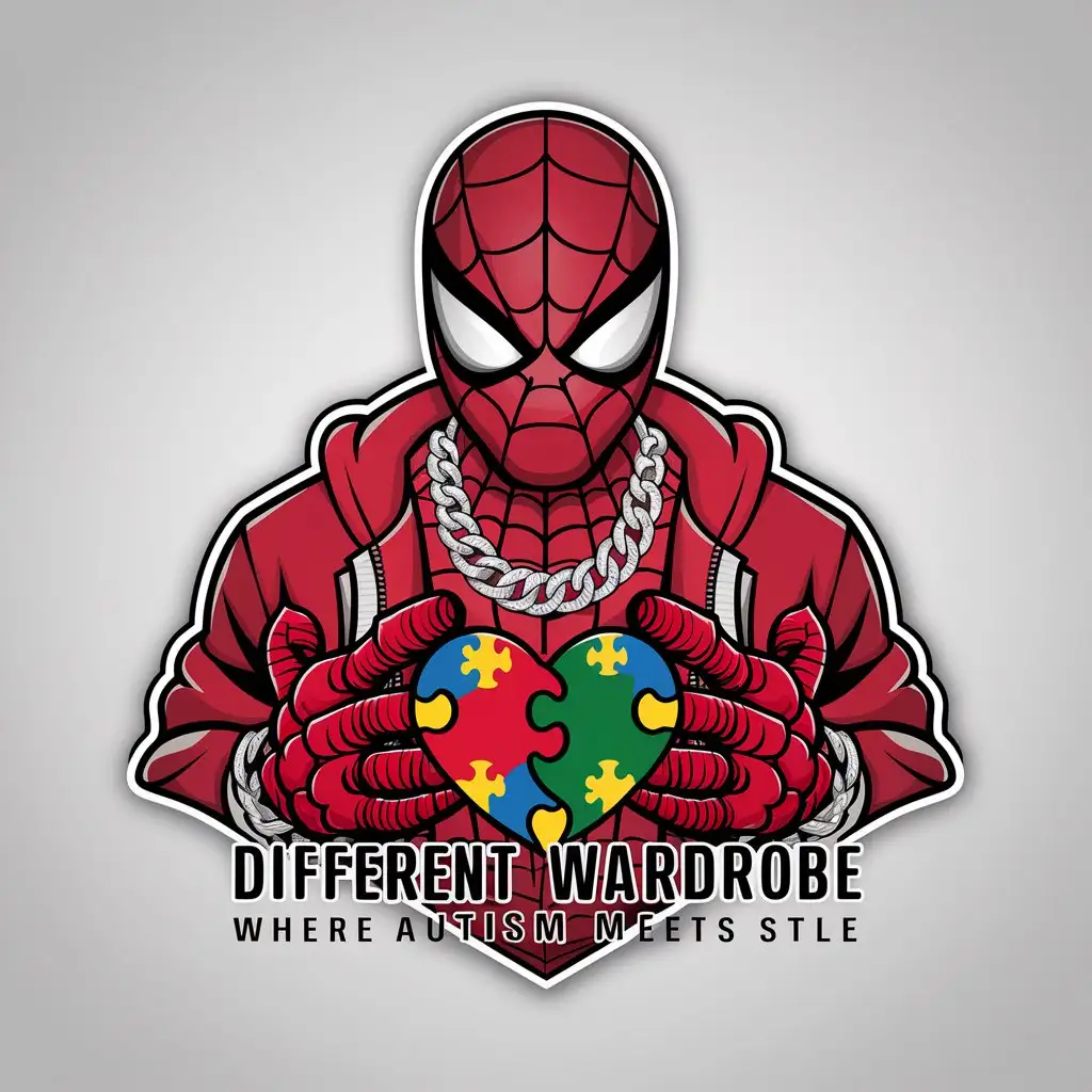 a logo design,with the text "Different wardrobe where autism meets style", main symbol:Spiderman wearing red street wear attire and a diamond Cuban. He’s holding a heart with red, blue, green, and yellow puzzle pieces embedded into it,Moderate,clear background