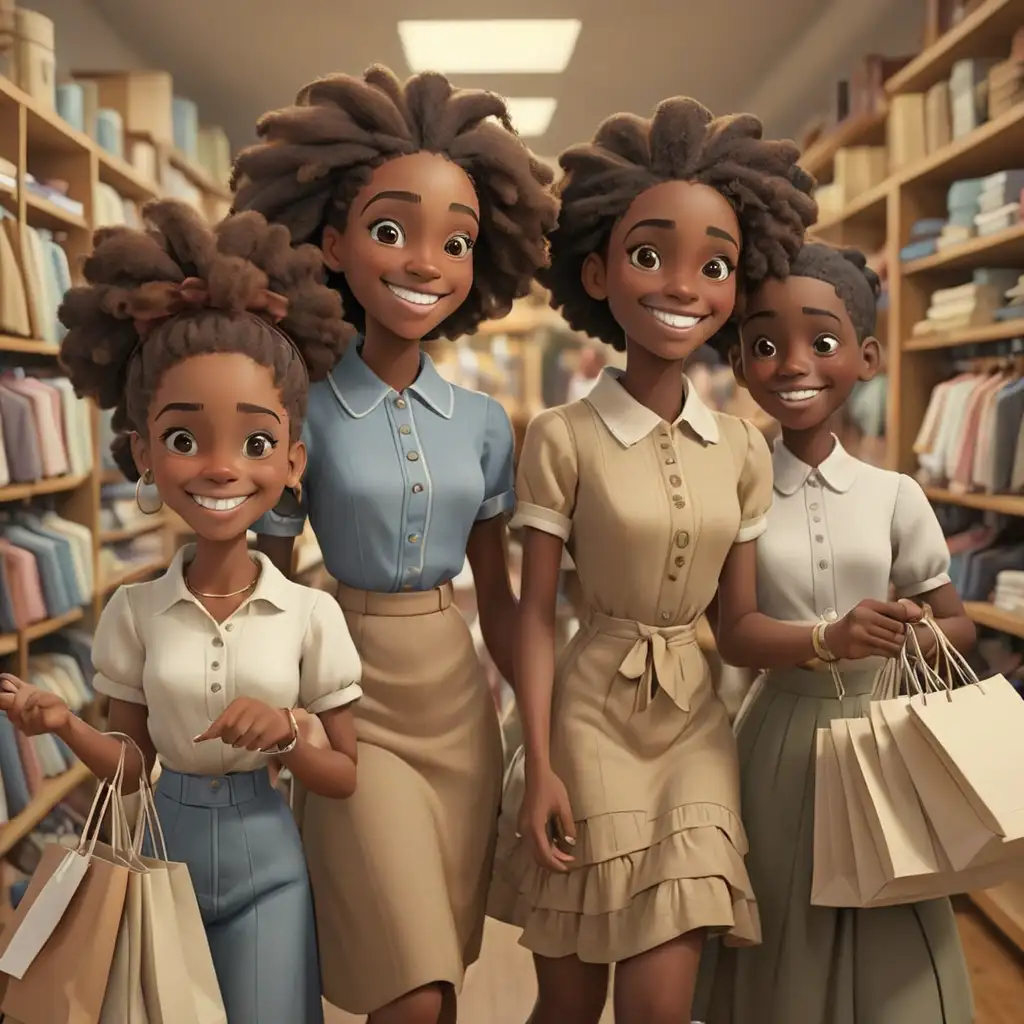 1900s defined 3D Cartoon-style African American teens going clothes shopping
smiling